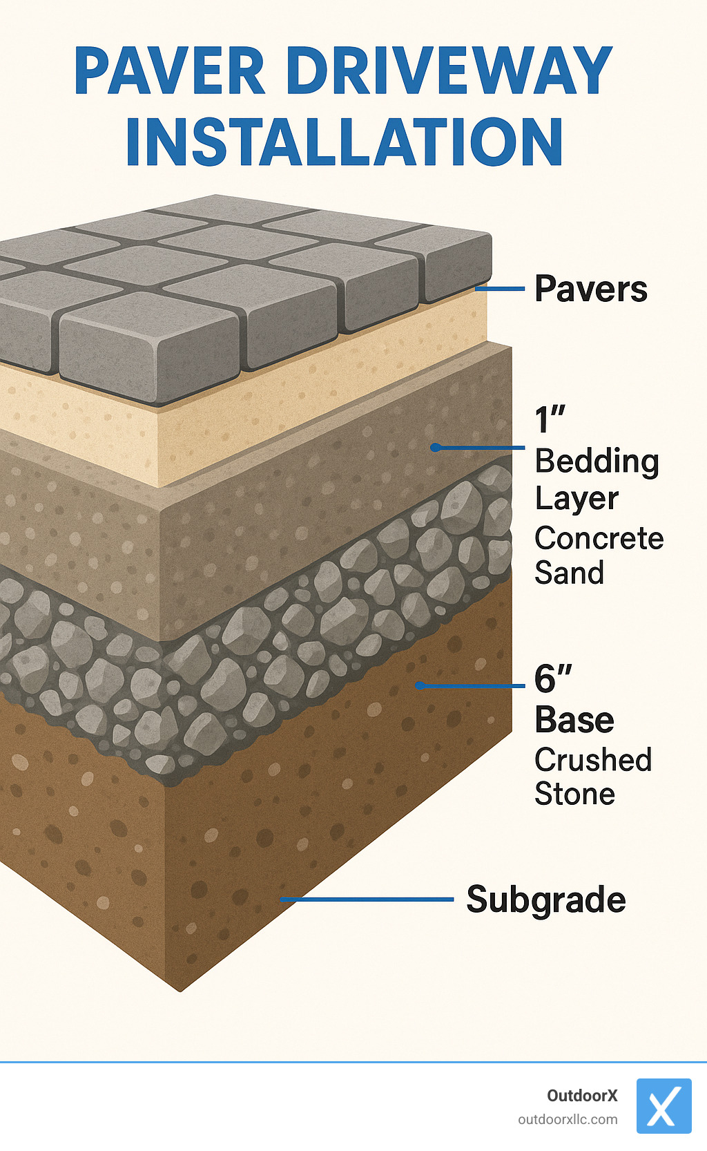 Detailed cross-section of paver driveway installation showing layers from subgrade to finished pavers with thickness measurements and material specifications - Driveway pavers Andover MA infographic 
