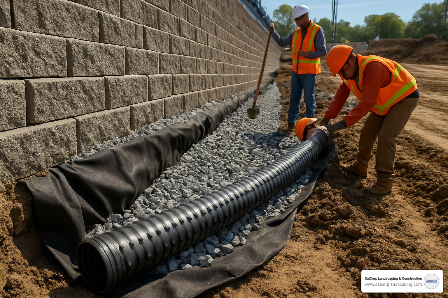 drainage pipe installation for retaining wall - commercial retaining walls
