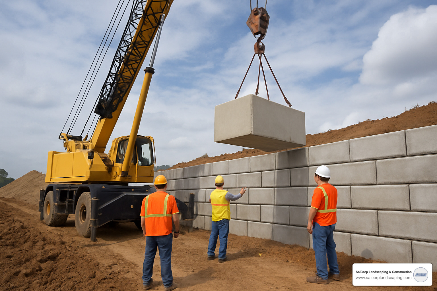 crane placing precast block for commercial retaining wall - commercial retaining walls