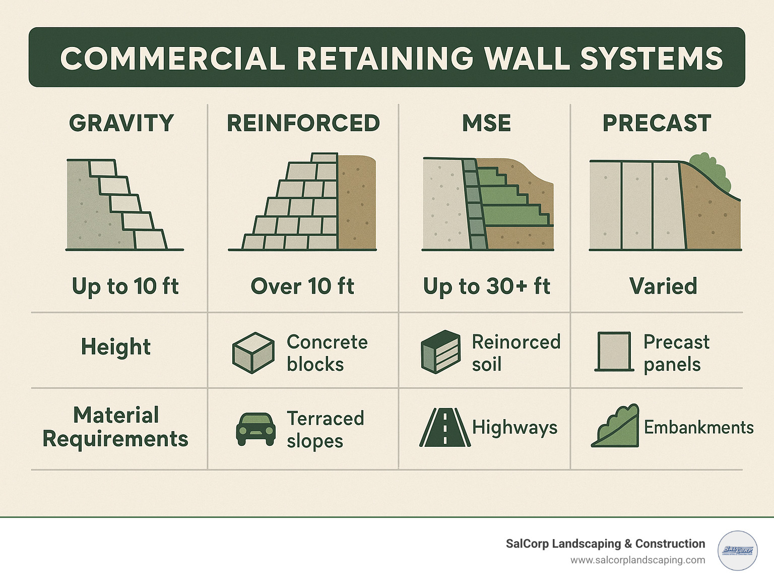 Commercial retaining wall systems comparing gravity, reinforced, MSE and precast solutions with their height capabilities, material requirements, and typical applications - commercial retaining walls infographic 