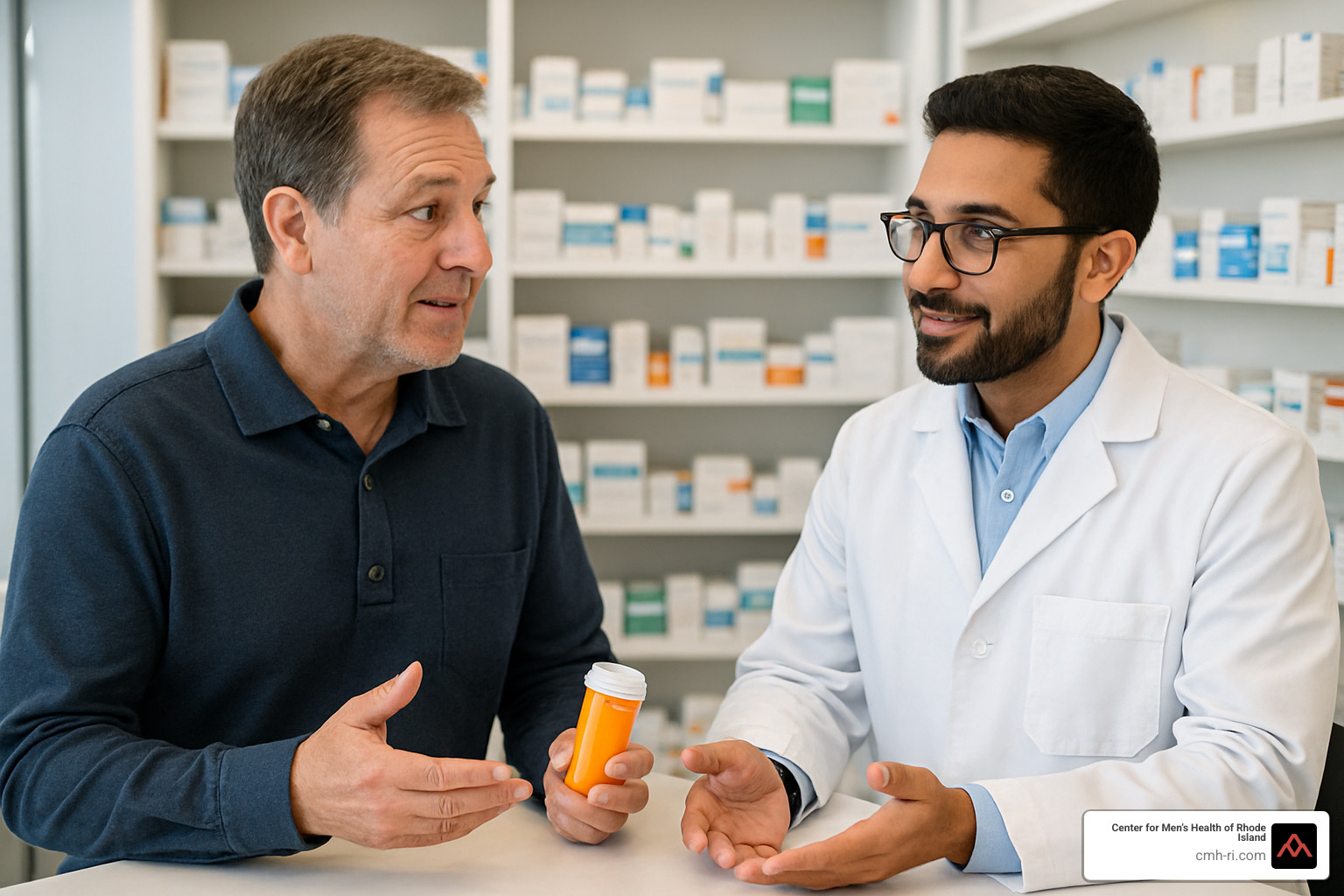 man discussing medication with pharmacist - ed treatment near me