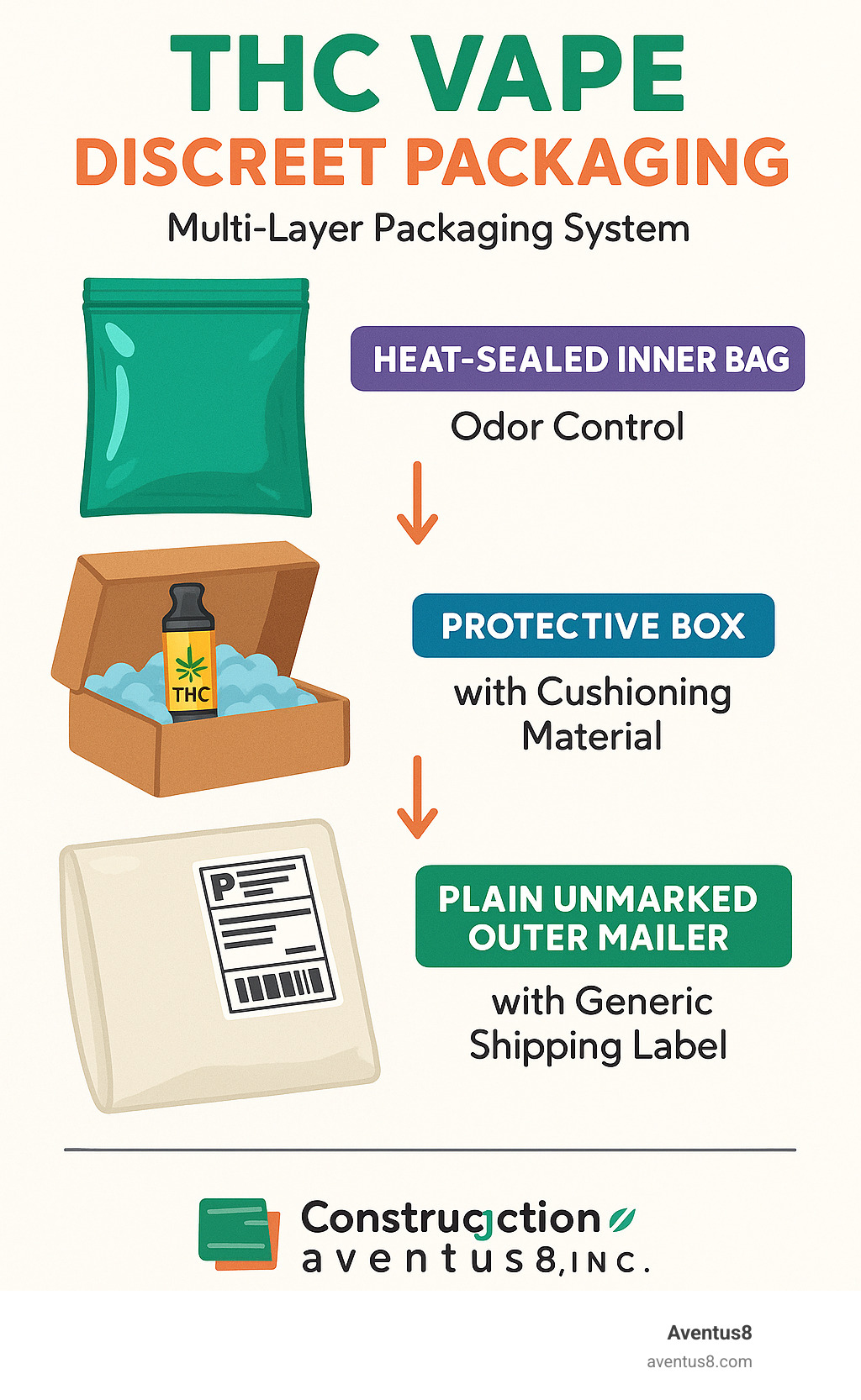 Multi-layer THC vape discreet packaging system showing three layers: heat-sealed inner bag for odor control, protective box with cushioning material, and plain unmarked outer mailer with generic shipping label - THC vape discreet packaging infographic 