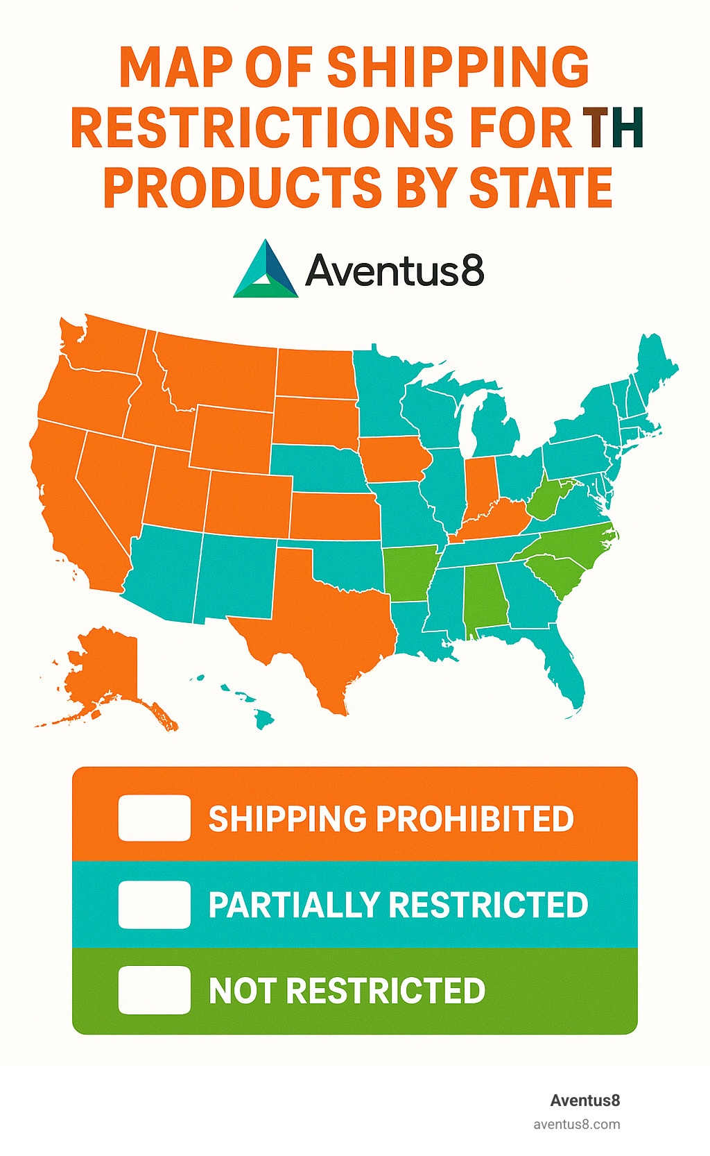 Map of shipping restrictions for THC products by state - THC vape discreet packaging infographic 