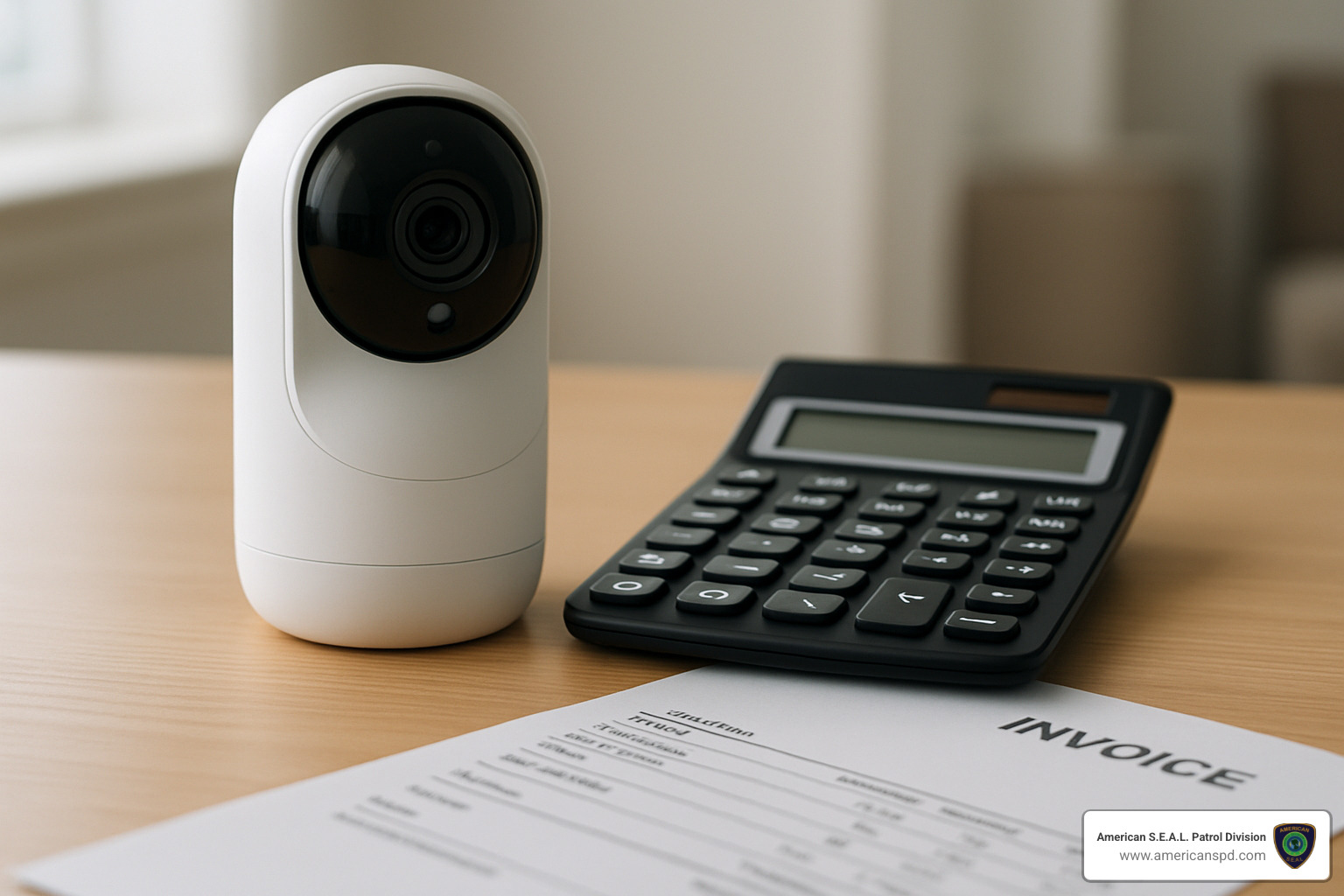 Calculator next to security camera and invoice - home security systems houston