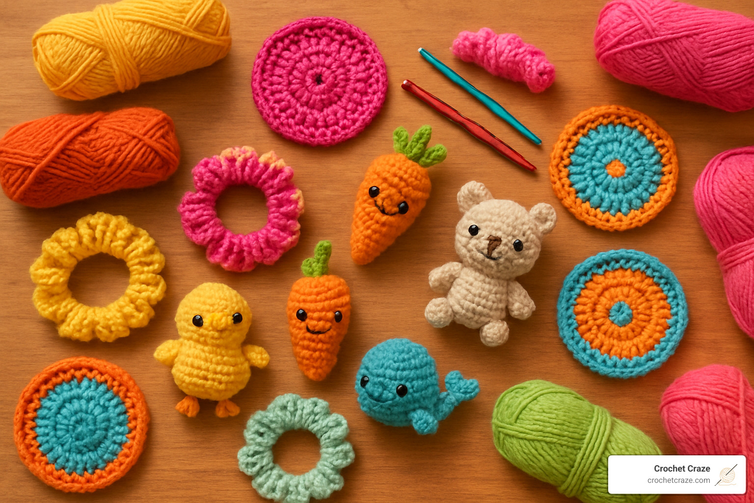 various completed easy crochet projects including scrunchies, coasters, and small amigurumi - easy fun crochet projects