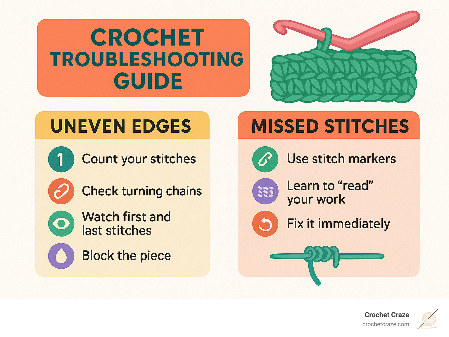 crochet troubleshooting guide - easy fun crochet projects infographic