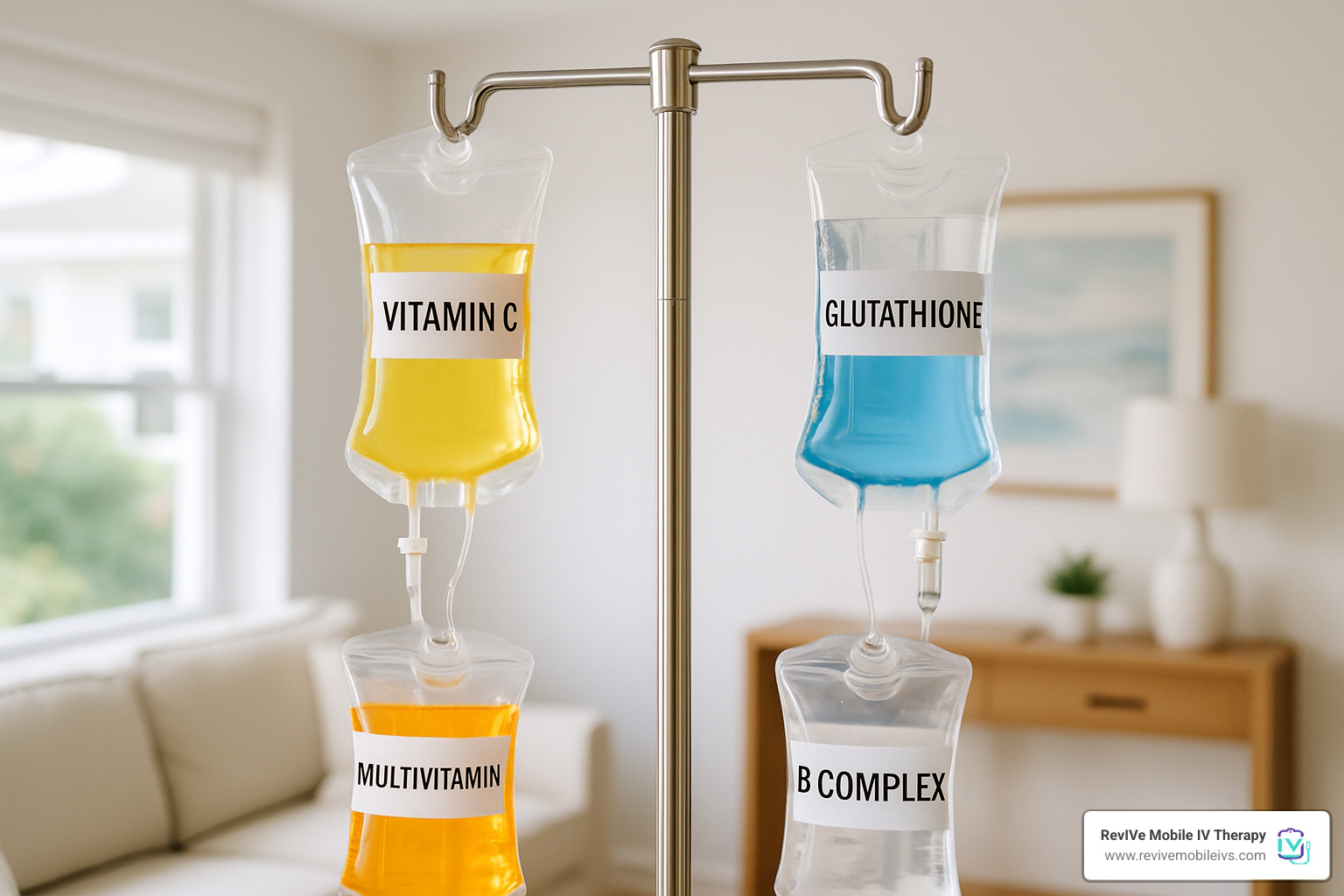 colorful IV bags with different formulations and ingredients - Mobile IV hydration