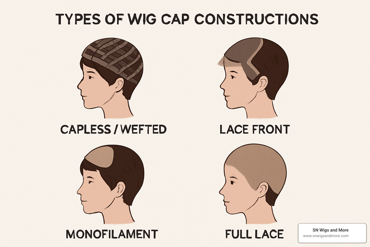diagram of different wig cap constructions - short human hair wigs