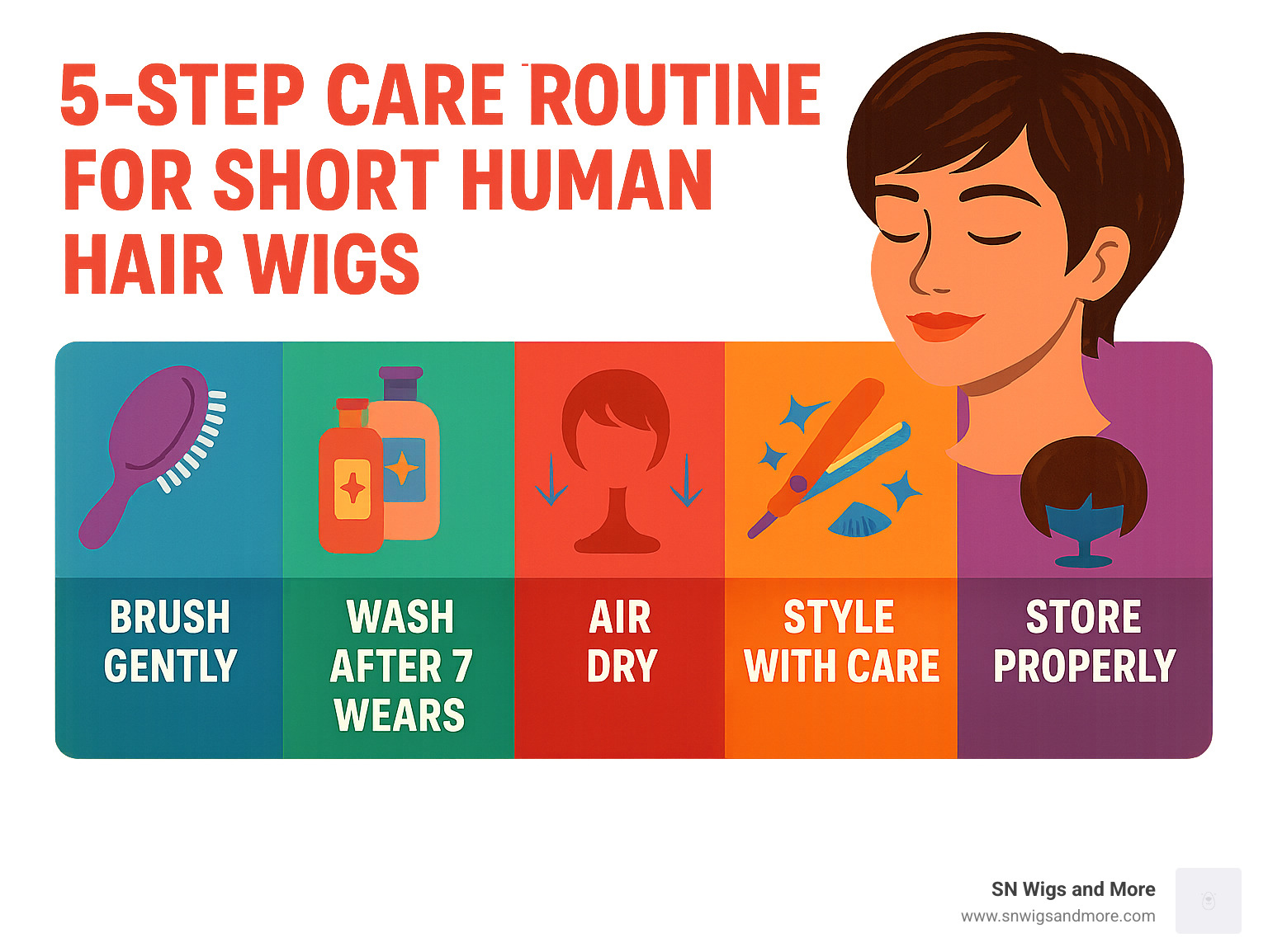 5-step care routine for short human hair wigs - short human hair wigs infographic 