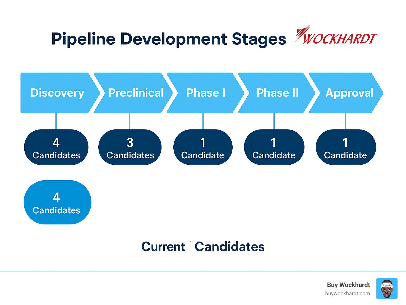 Pipeline development stages showing findy, preclinical, Phase I, Phase II, Phase III, and approval with current candidates at each stage - wockhardt infographic 