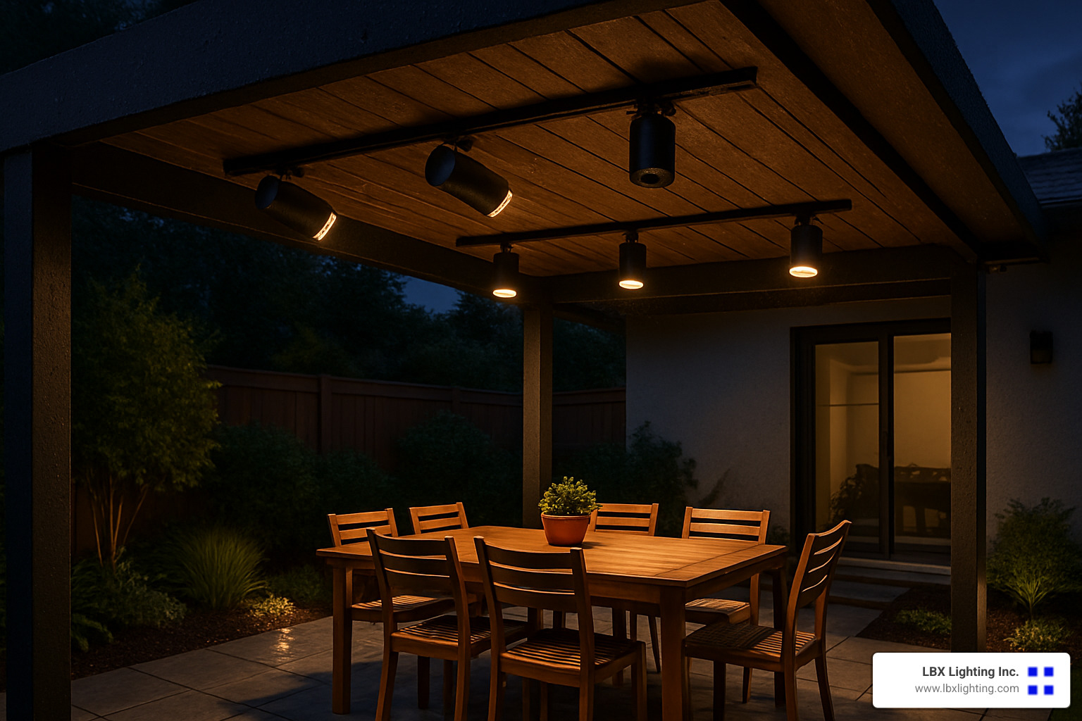 Track Lighting Unplugged: Best Battery Operated Options 9 Weatherproof battery operated track lighting illuminating an outdoor pergola - battery operated track lights
