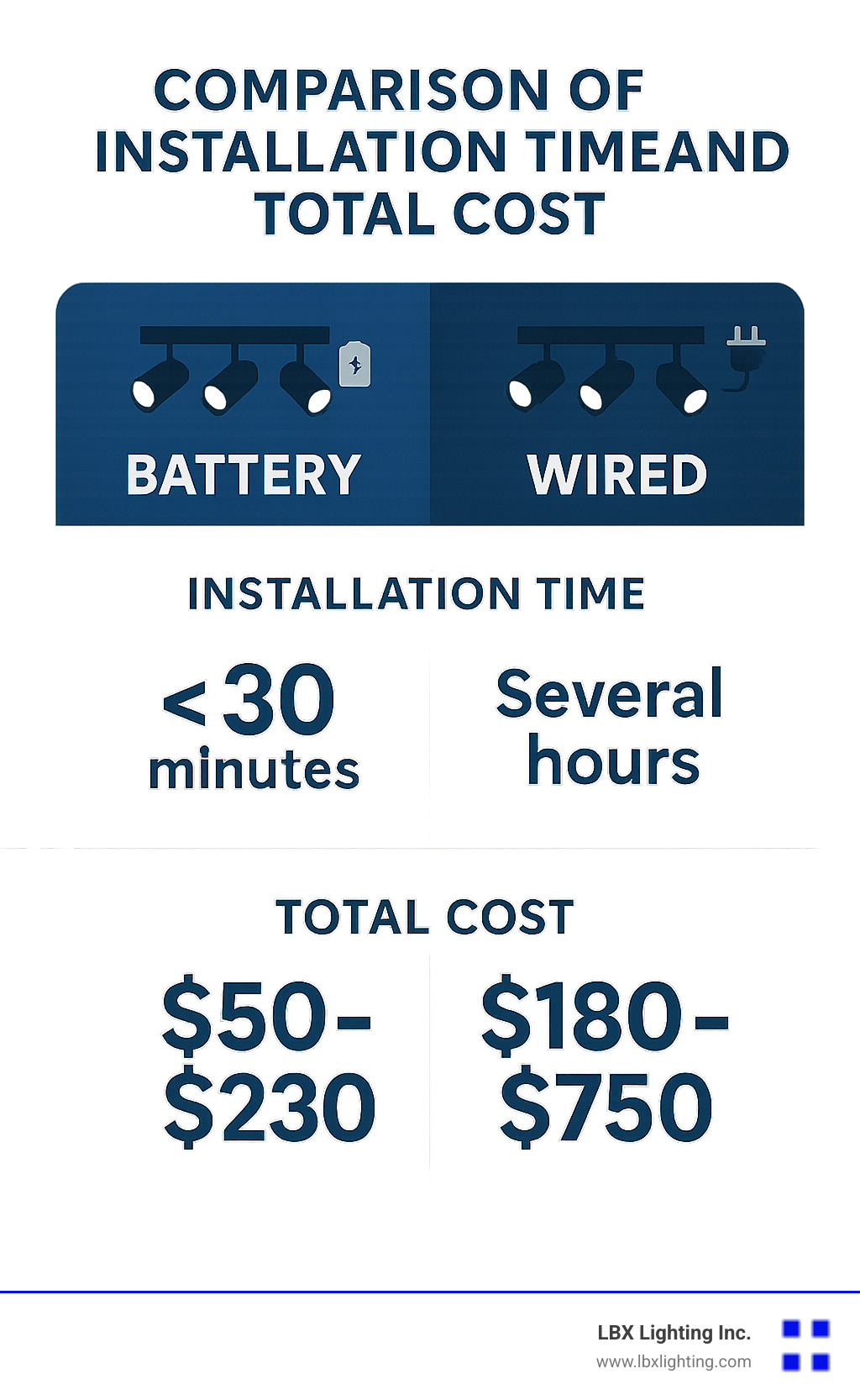 Track Lighting Unplugged: Best Battery Operated Options 10 Comparison table showing installation time and total cost between battery and wired track lighting systems - battery operated track lights infographic