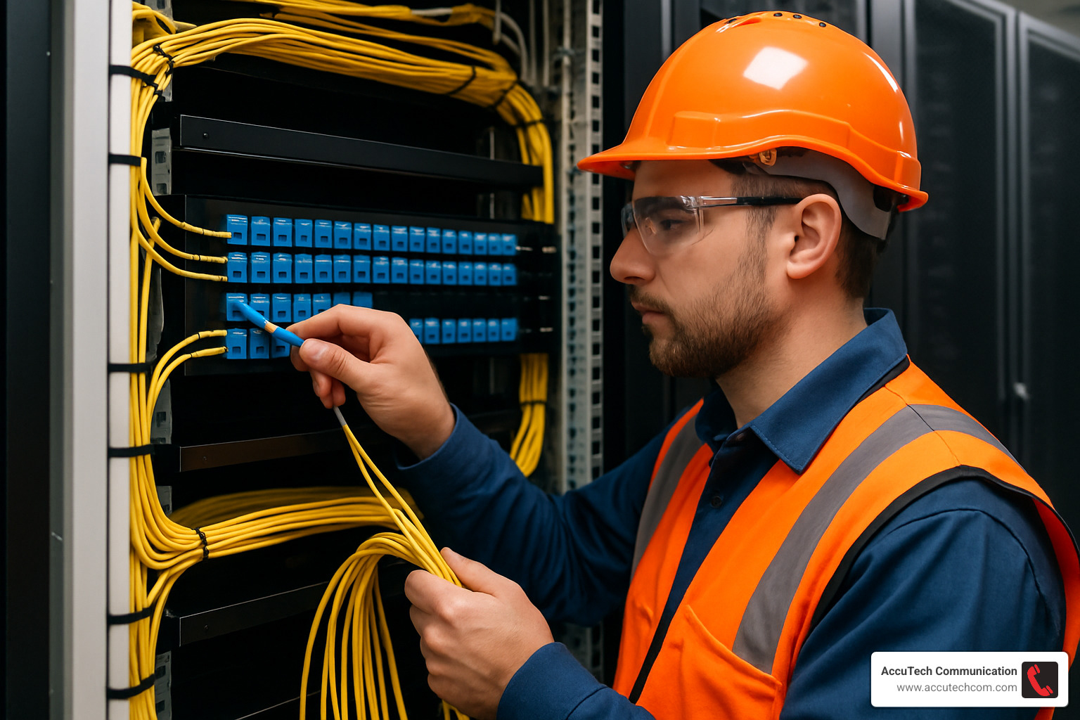 fiber optic technician installing patch panel - fiber optic patch panel