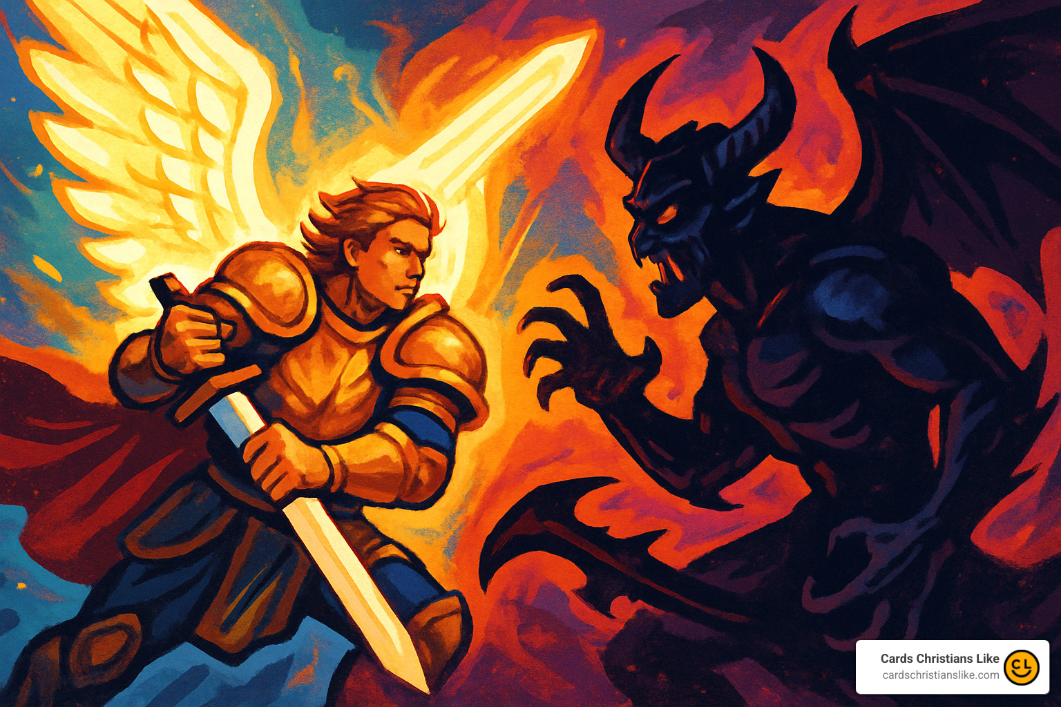 Angel versus demon artwork from Christian board game - christian game review
