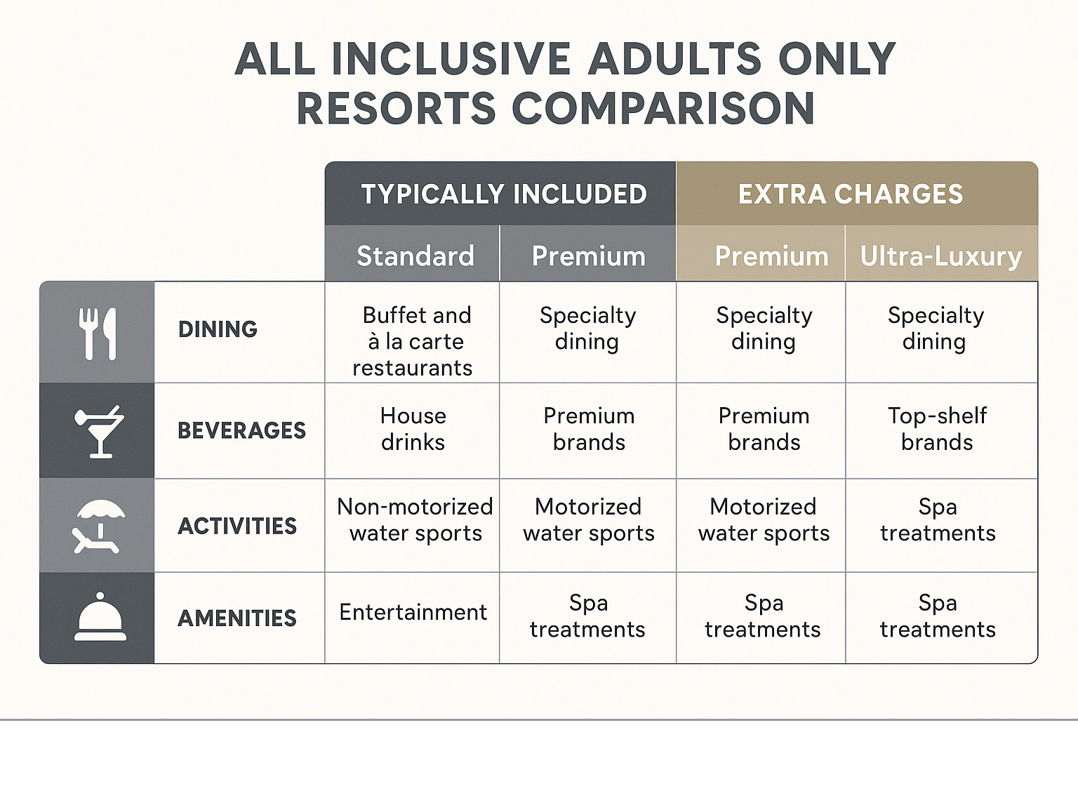 All Inclusive Adults Only Resorts Comparison showing what's typically included vs. extra charges at various resort tiers from standard to ultra-luxury, with details on dining options, beverage packages, activities, and amenities - all exclusive adults only resorts infographic 