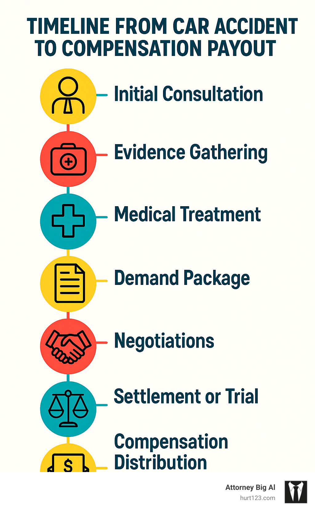 Timeline from car accident to compensation payout showing: Initial consultation, Evidence gathering, Medical treatment, Demand package, Negotiations, Settlement or trial, Compensation distribution - best car accident attorney in miami infographic