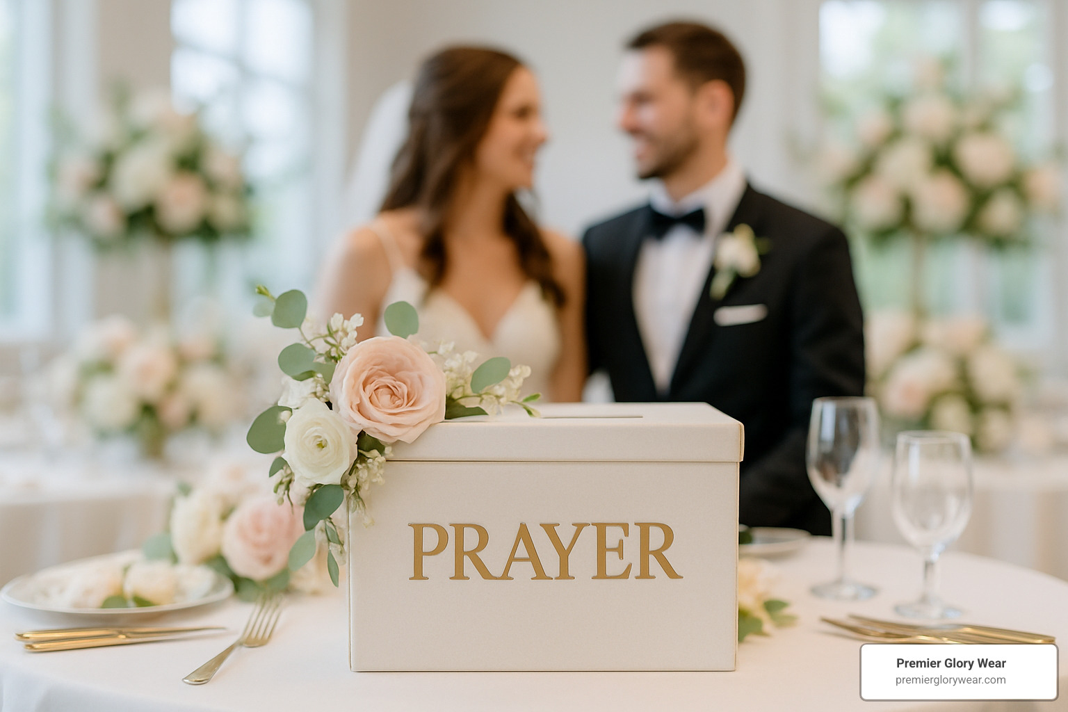 wedding prayer box on decorated table with couple in background - Prayer Box Gifts