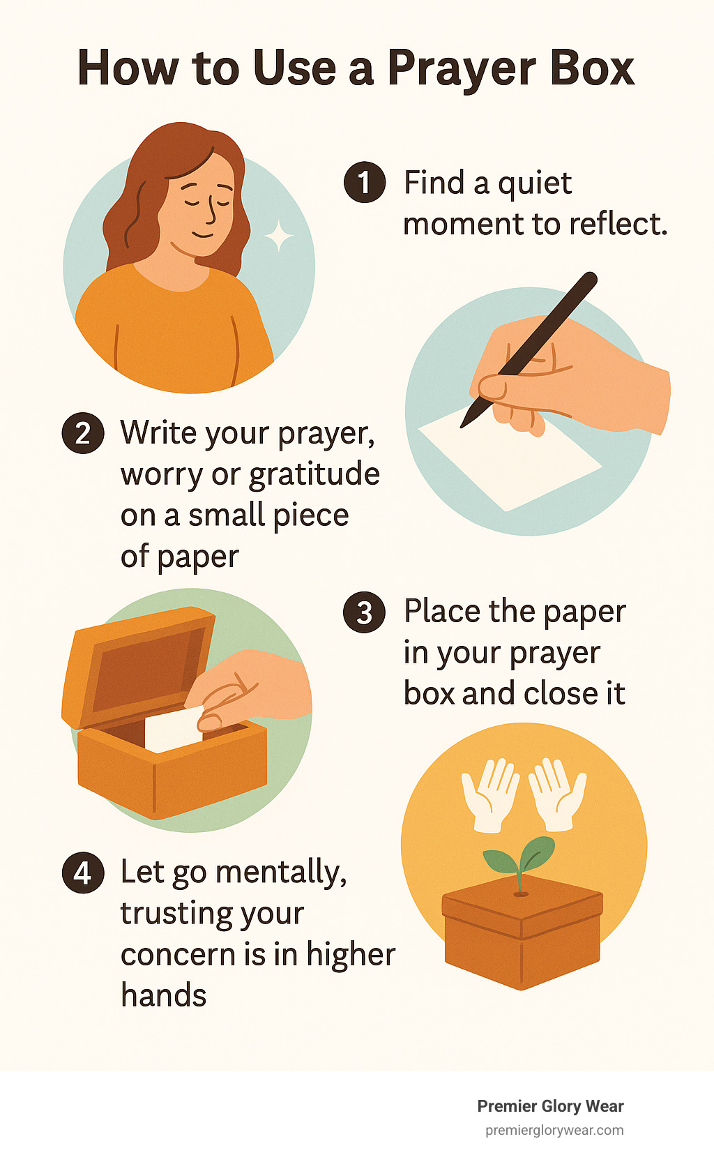 How to Use a Prayer Box - Step 1: Find a quiet moment to reflect. Step 2: Write your prayer, worry or gratitude on a small piece of paper. Step 3: Place the paper in your prayer box and close it. Step 4: Let go mentally, trusting your concern is in higher hands. Step 5: Revisit periodically to reflect on answered prayers and growth. - Prayer Box Gifts infographic