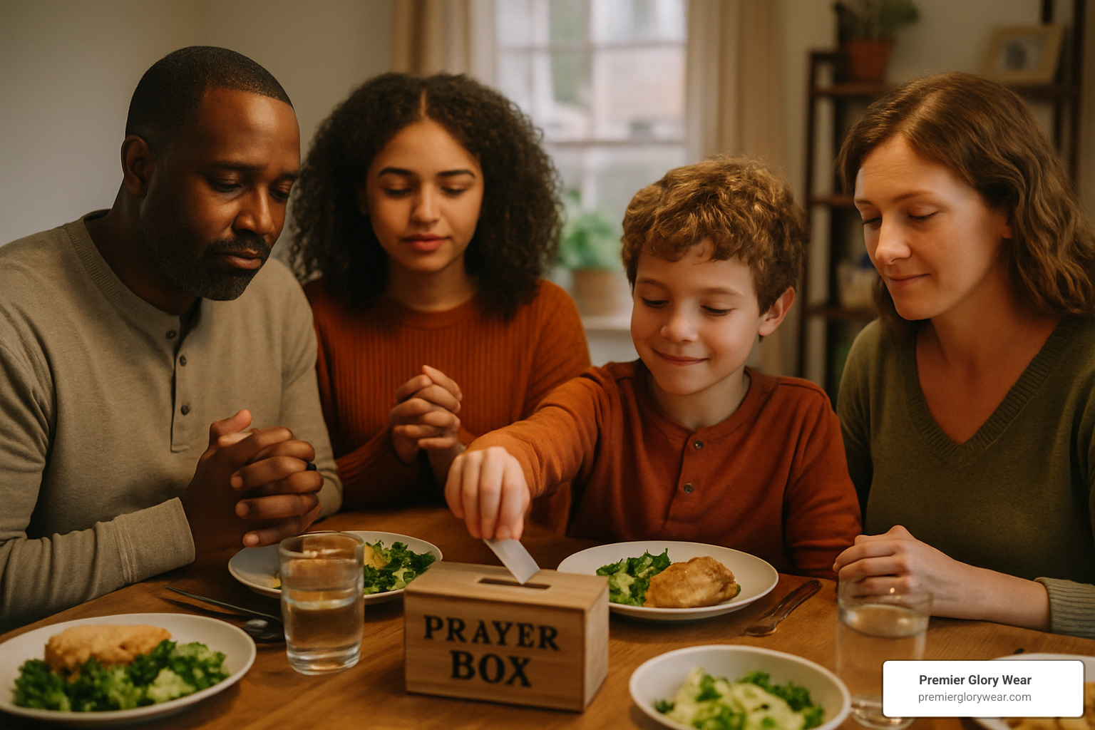 family using dinner-table prayer box at mealtime - Prayer Box Gifts