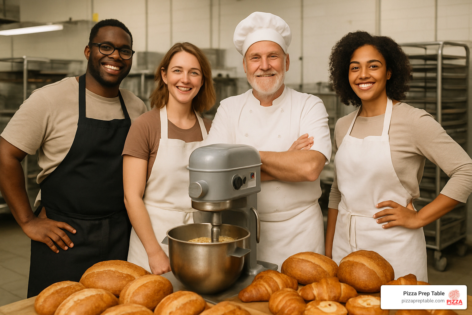 satisfied bakery team with professional mixer - professional mixers