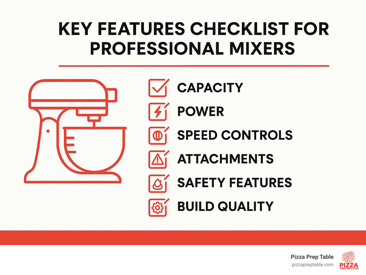 Key features checklist for professional mixers showing capacity, power, speed controls, attachments, safety features, and build quality - professional mixers infographic 