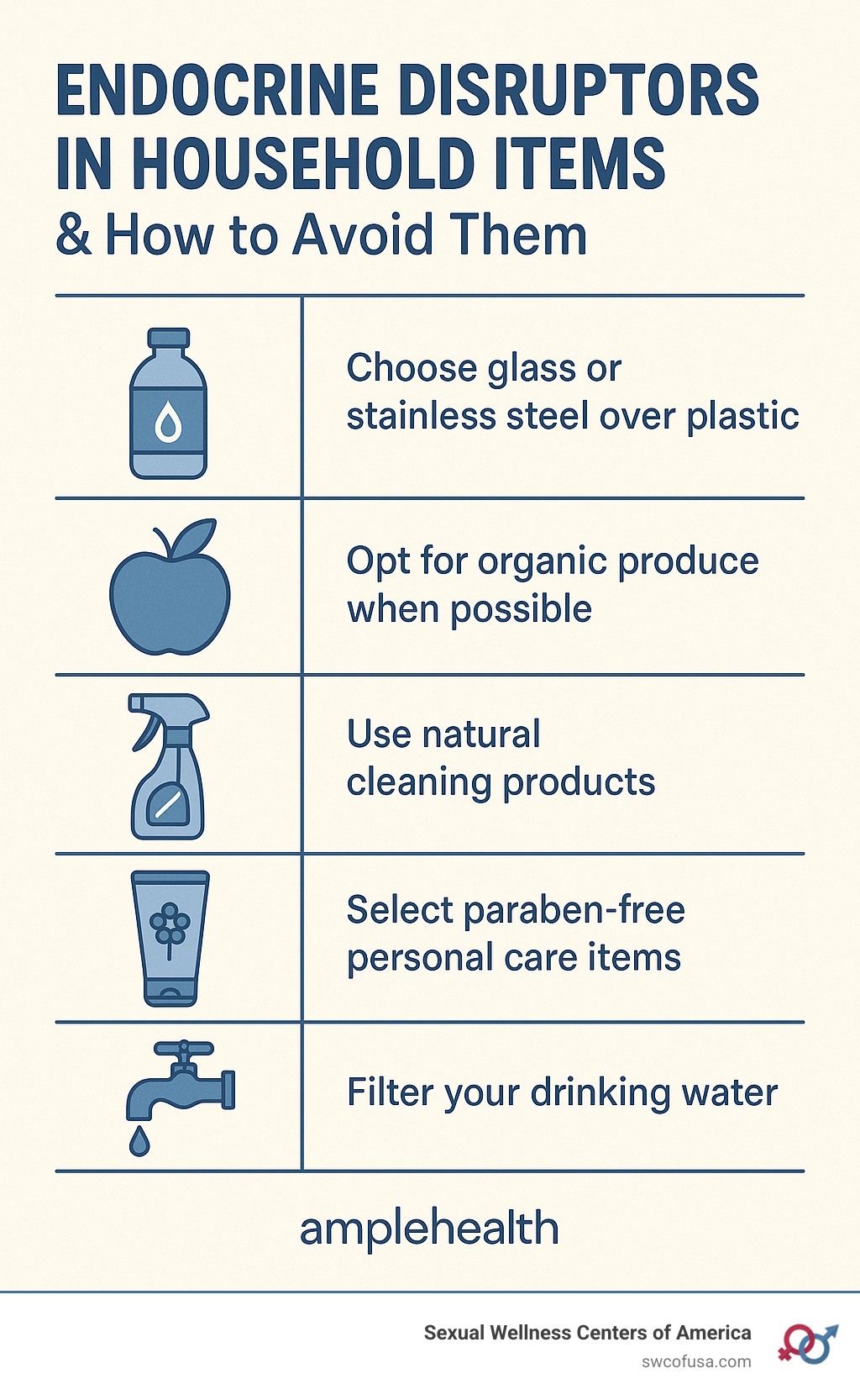 Infographic showing common endocrine disruptors in household items and how to avoid them - hormone balancing for women infographic