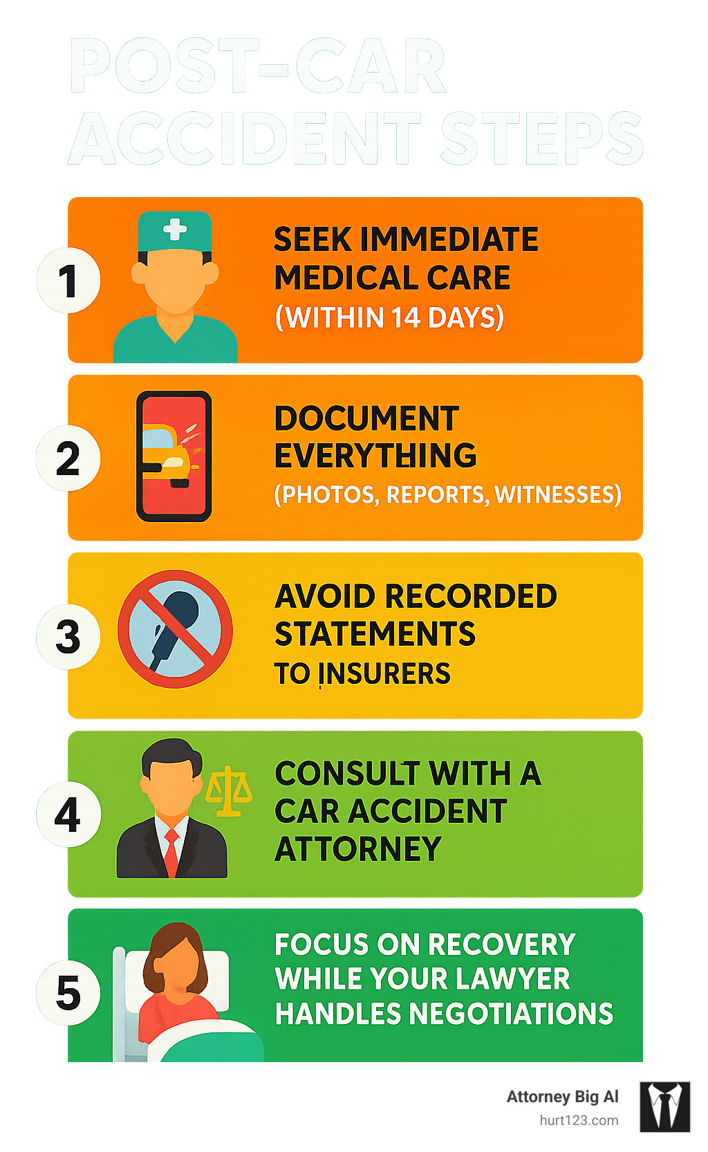 Post-car accident steps infographic showing: 1) Seek immediate medical care (within 14 days), 2) Document everything (photos, reports, witnesses), 3) Avoid recorded statements to insurers, 4) Consult with a car accident attorney, 5) Focus on recovery while your lawyer handles negotiations - best car accident attorney in miami infographic