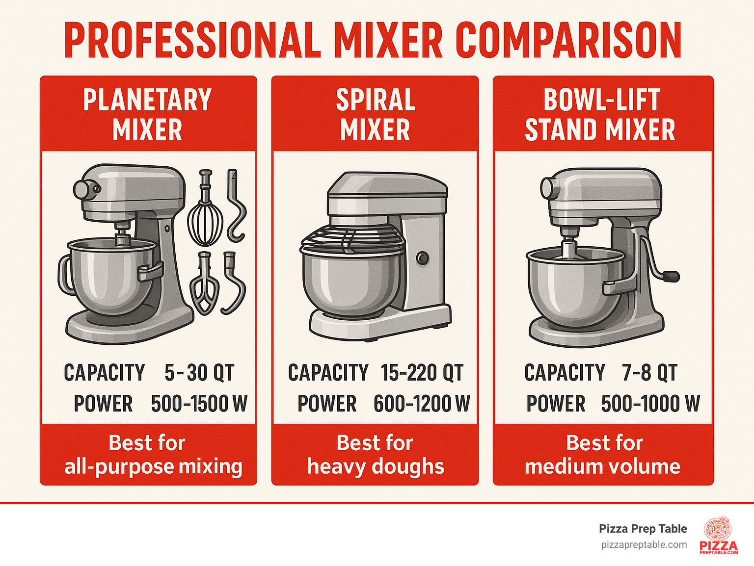 Professional mixer comparison showing planetary mixers with attachments, spiral mixers with dough hooks, and bowl-lift stand mixers with their capacities, power ratings, and best applications for pizzeria and restaurant use - professional mixers infographic 