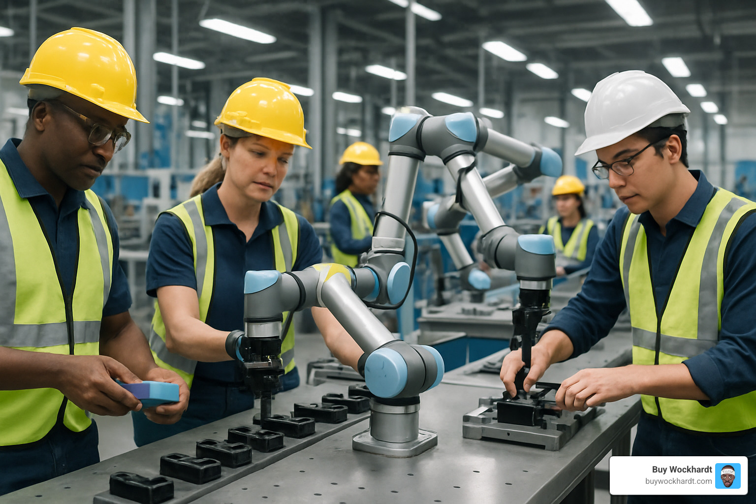 collaborative robots working alongside human operators on a manufacturing floor - hi tech lean
