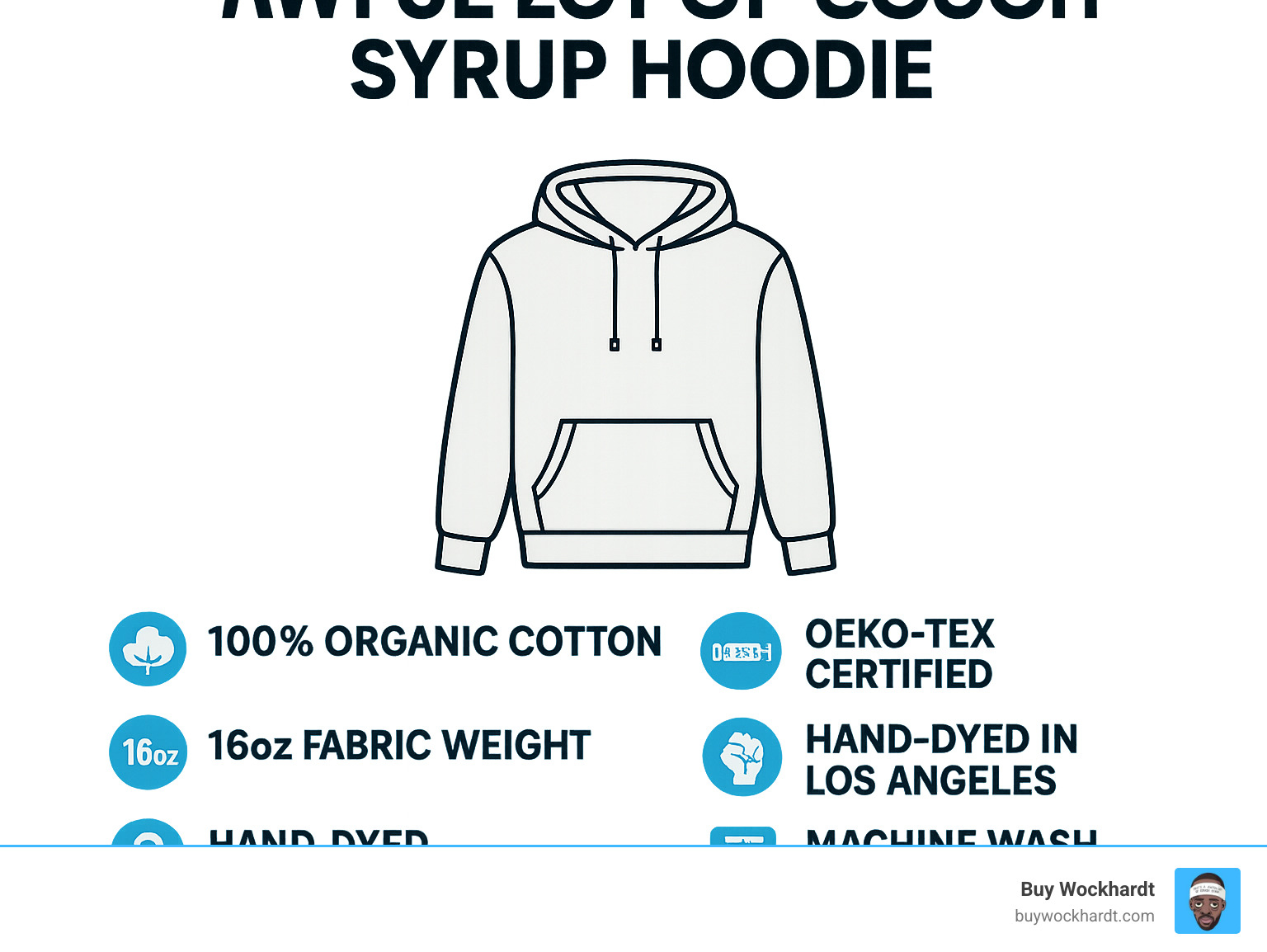 Awful Lot of Cough Syrup Hoodie specifications showing 100% organic cotton material, 16oz fabric weight, OEKO-TEX certification number 23.HUS.33631, hand-dyed in Los Angeles, Black-owned business credentials, and machine wash care instructions - awful lot of cough syrup hoodie infographic 