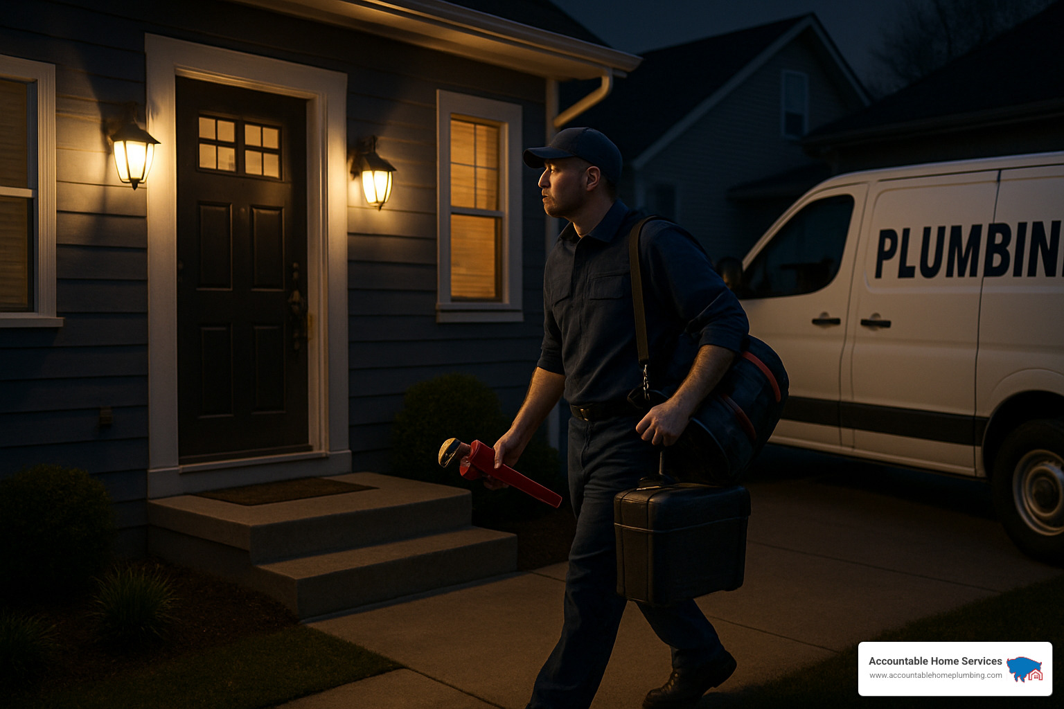 plumber arriving at night for emergency service - 24 7 drain cleaning near me