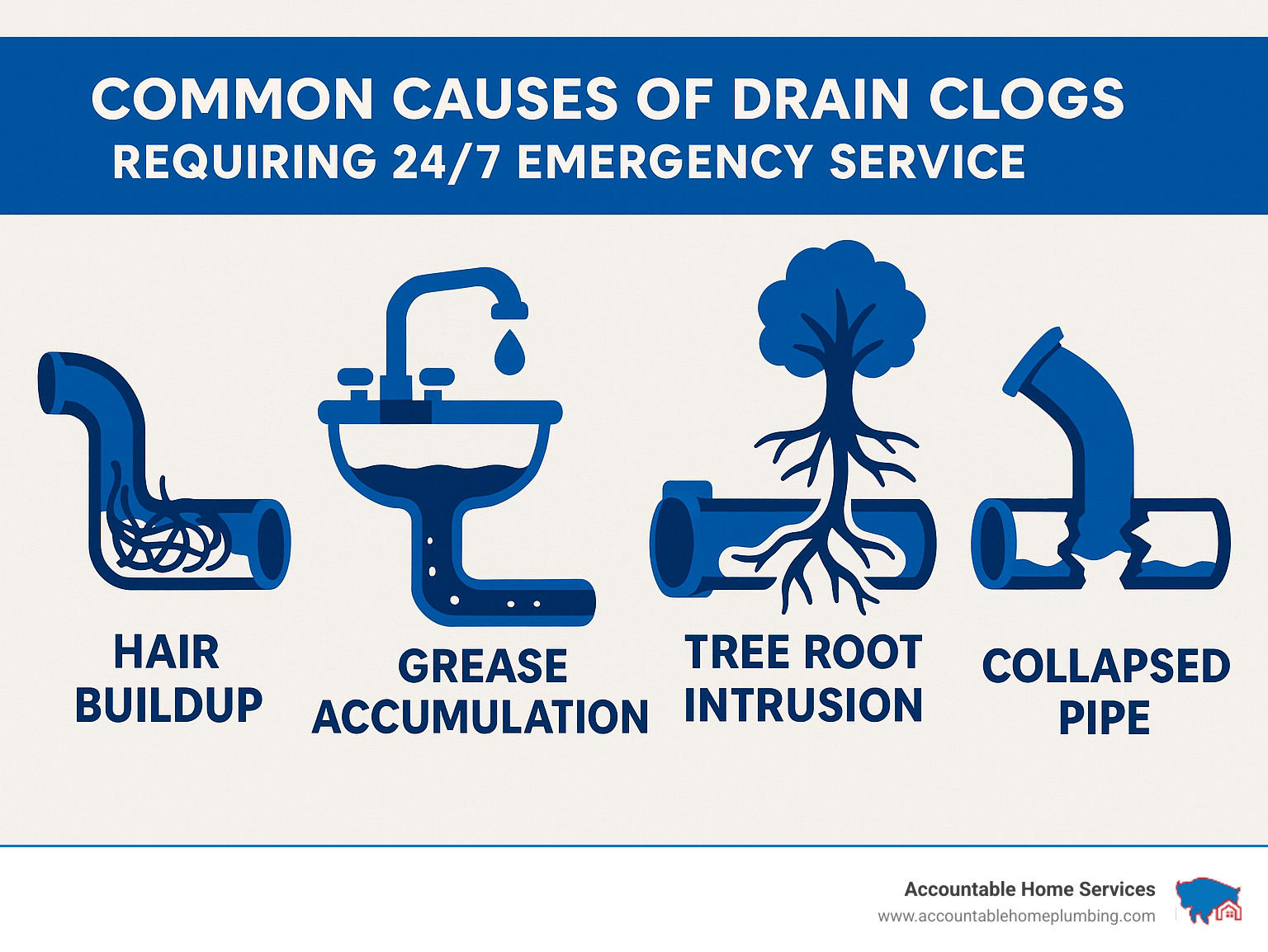 Common causes of drain clogs requiring 24/7 emergency service including hair buildup, grease accumulation, tree root intrusion, foreign objects, and collapsed pipes - 24 7 drain cleaning near me infographic 