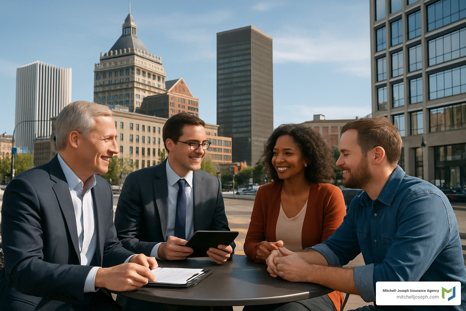 34afc405329e087131b04a8fb9edb053a7967a54 Insure Locally, Thrive Globally: Rochester's Best Business Insurance Agents Discover top business insurance agents near me in Rochester. Get local expertise, custom coverage, and save with trusted independent agents. Rochester business district with local insurance agents meeting with clients - business insurance agents near me