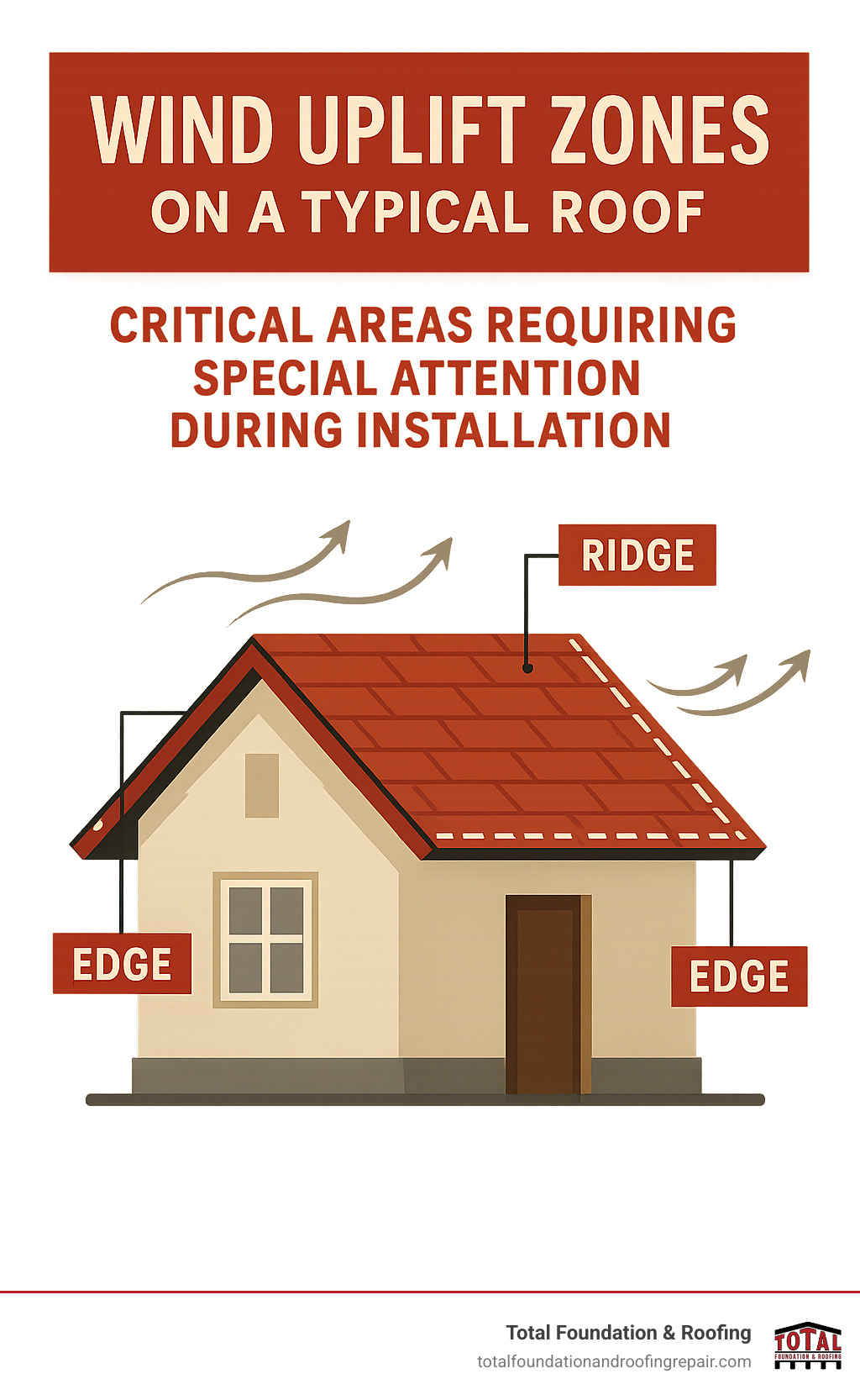 wind uplift zones on a typical roof showing critical areas requiring special attention during installation - roofing services Kerrville TX infographic wind uplift zones on a typical roof showing critical areas requiring special attention during installation - roofing services Kerrville TX infographic