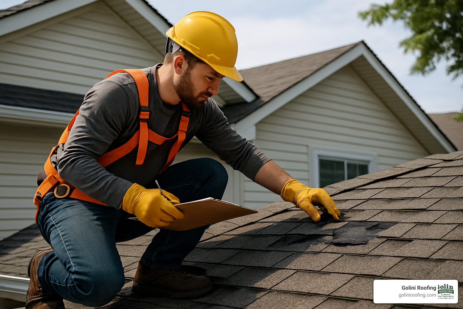 roofing professional inspecting roof damage - free roof repair estimate