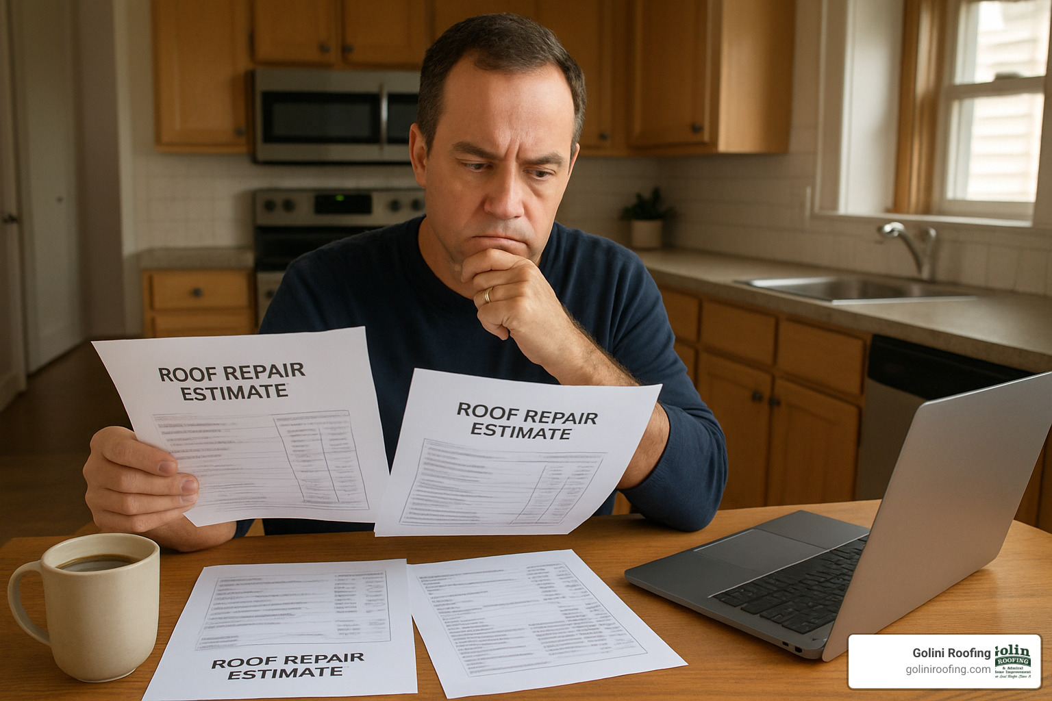 homeowner comparing multiple roof repair estimates - free roof repair estimate