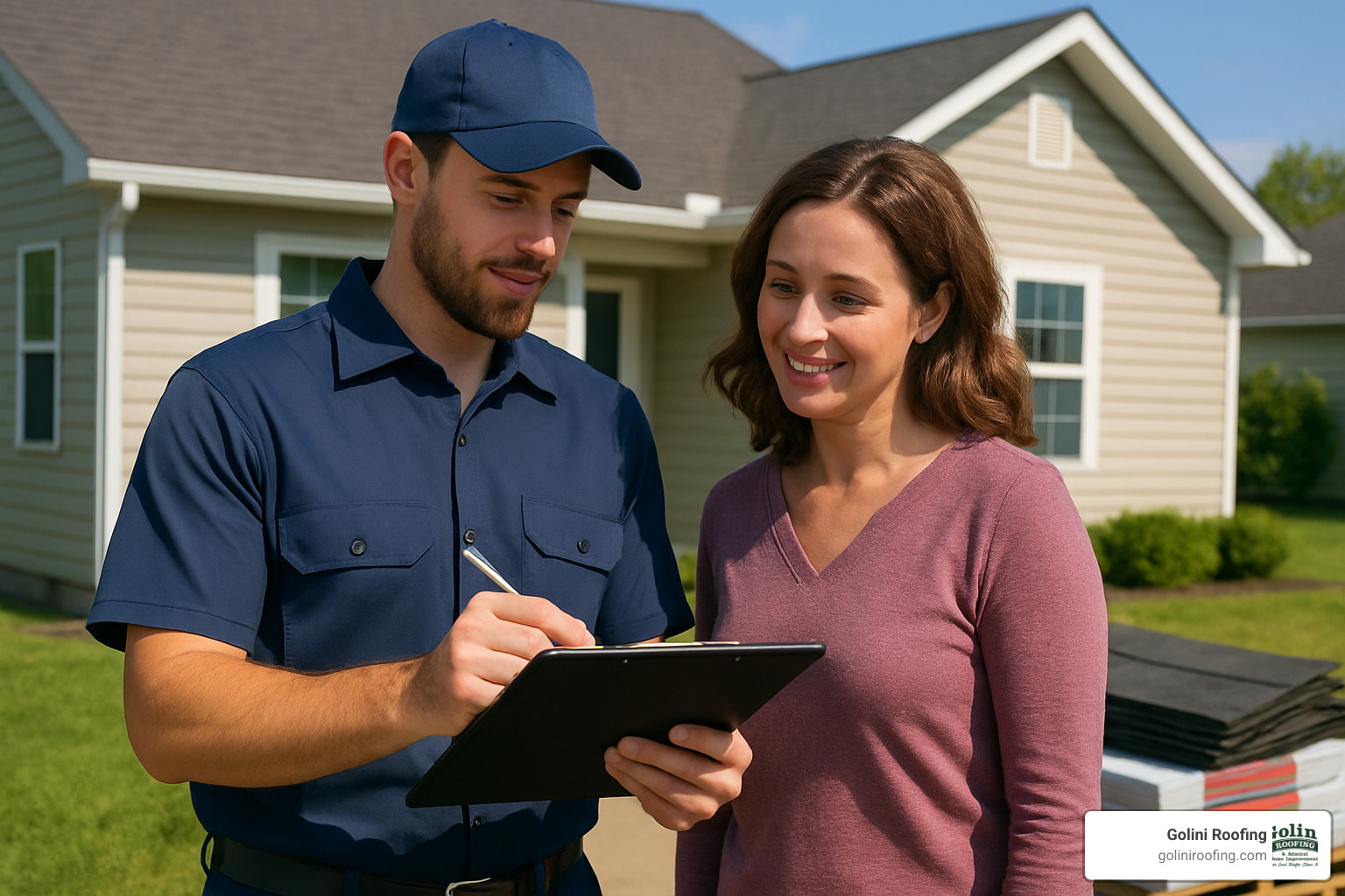 roofing professional discussing estimate with homeowner - free roof repair estimate
