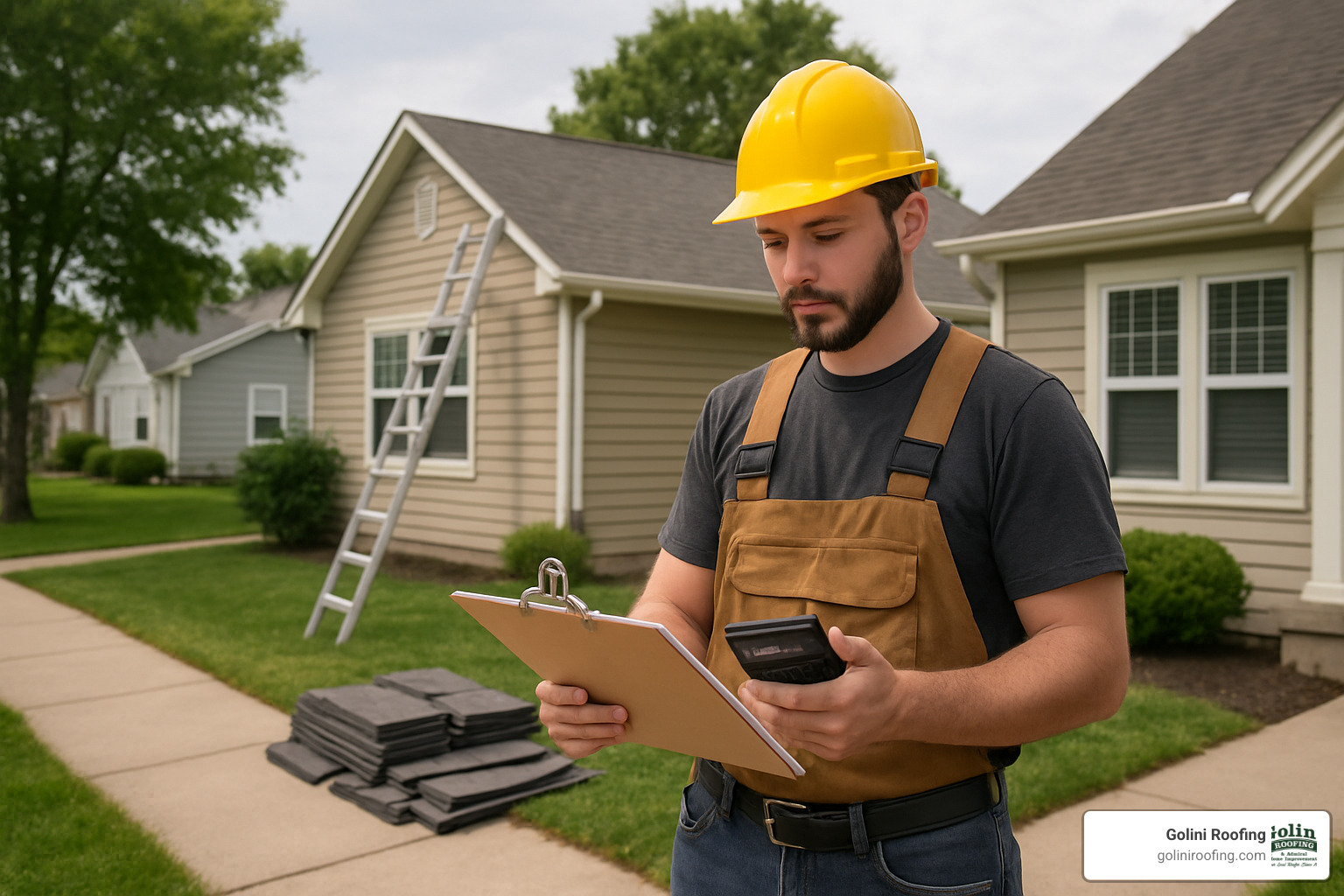roofing professional calculating estimate - free roof repair estimate