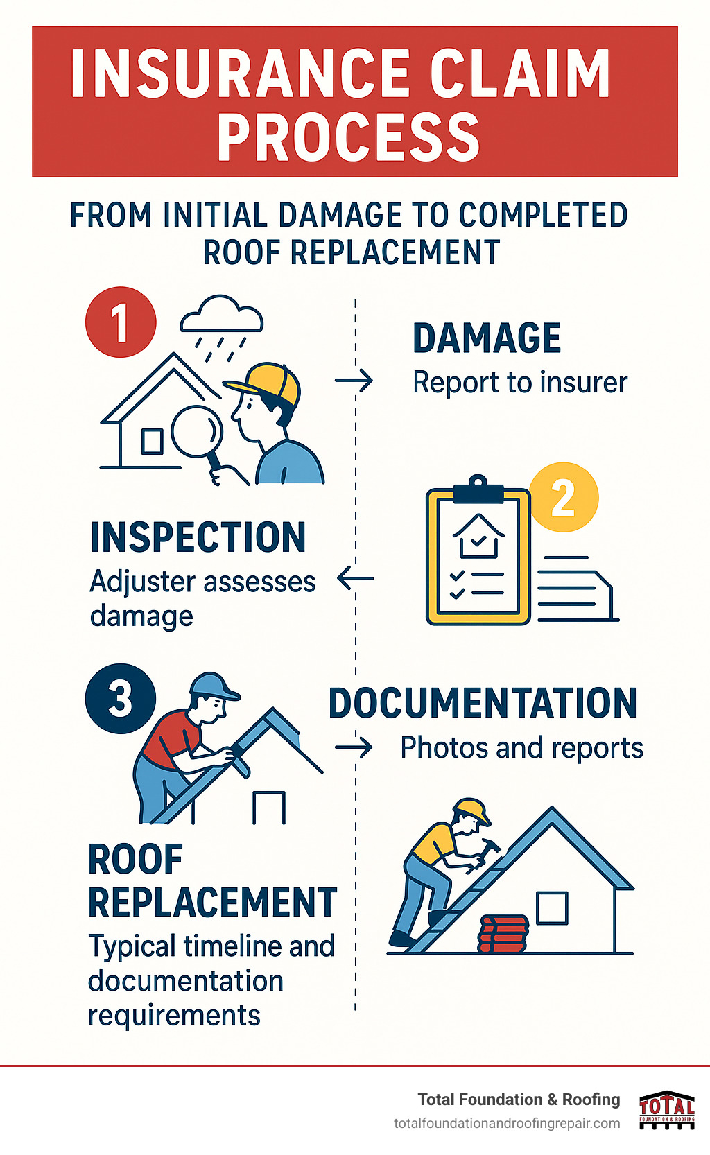 Insurance claim process from initial damage to completed roof replacement showing typical timeline and documentation requirements - roofing services Kerrville TX infographic Insurance claim process from initial damage to completed roof replacement showing typical timeline and documentation requirements - roofing services Kerrville TX infographic