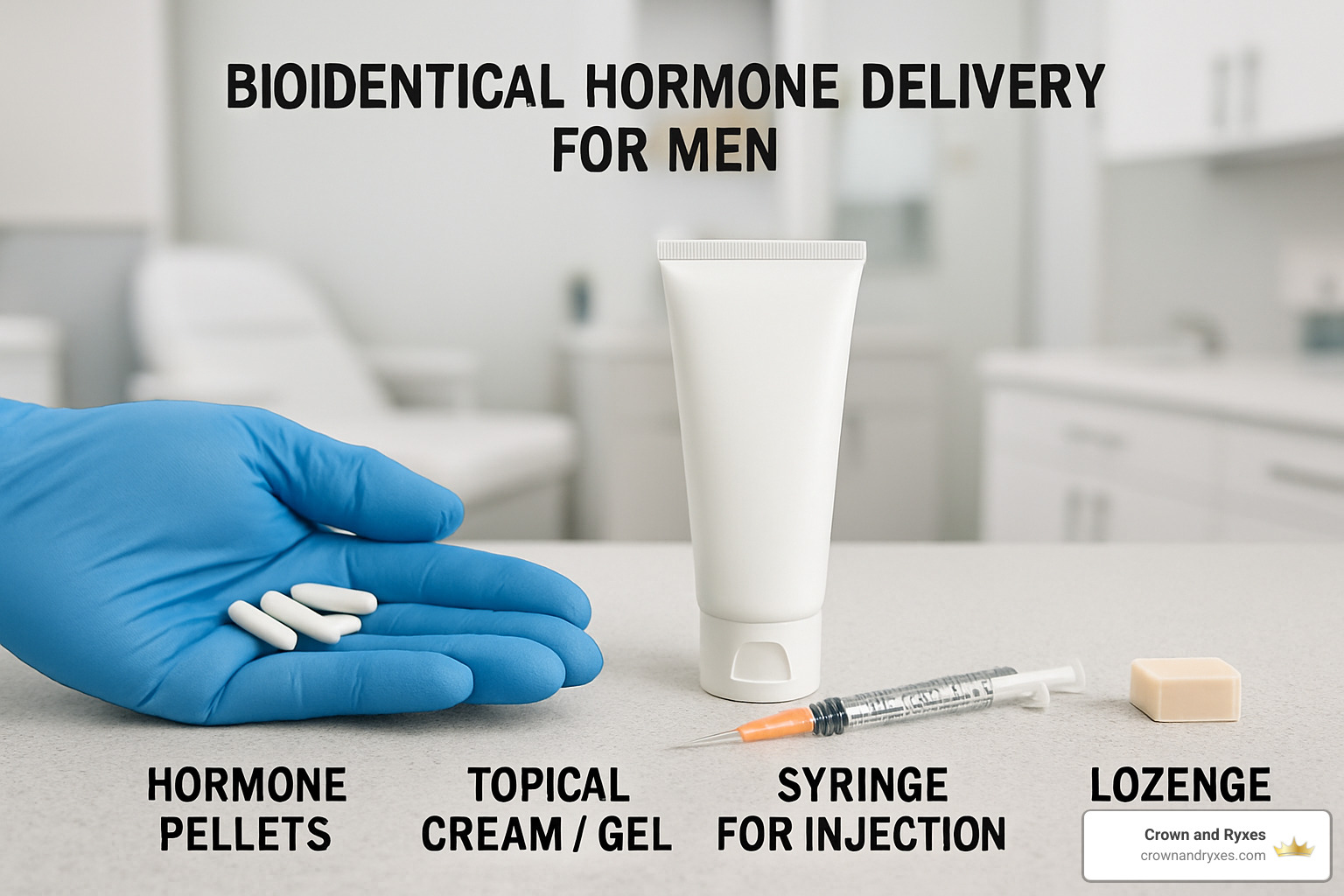 Different delivery methods for bioidentical hormones including pellets, creams, injections, and troches - Bio-identical hormones for men
