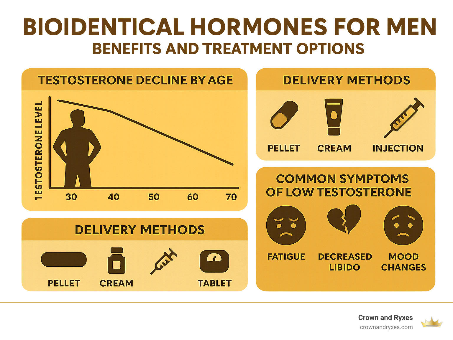 Bioidentical Hormones for Men: Benefits and Treatment Options infographic showing testosterone decline by age, delivery methods, and common symptoms of low testosterone - Bio-identical hormones for men infographic 
