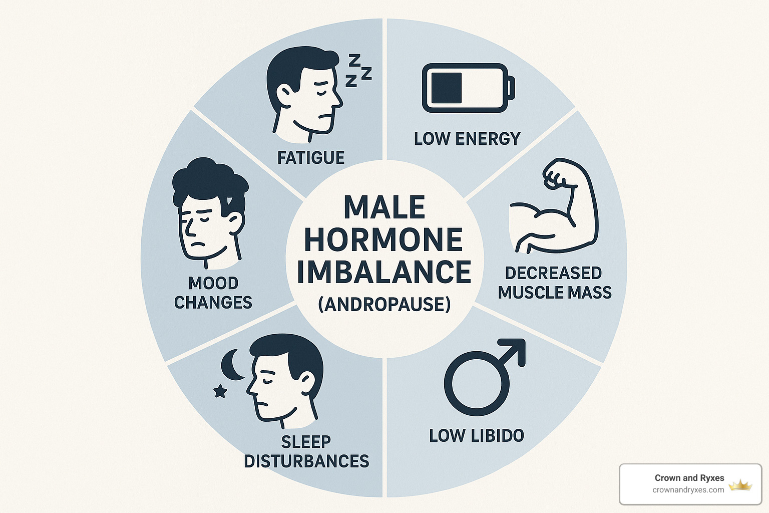 Symptoms of male hormone imbalance wheel showing common signs of andropause - Bio-identical hormones for men