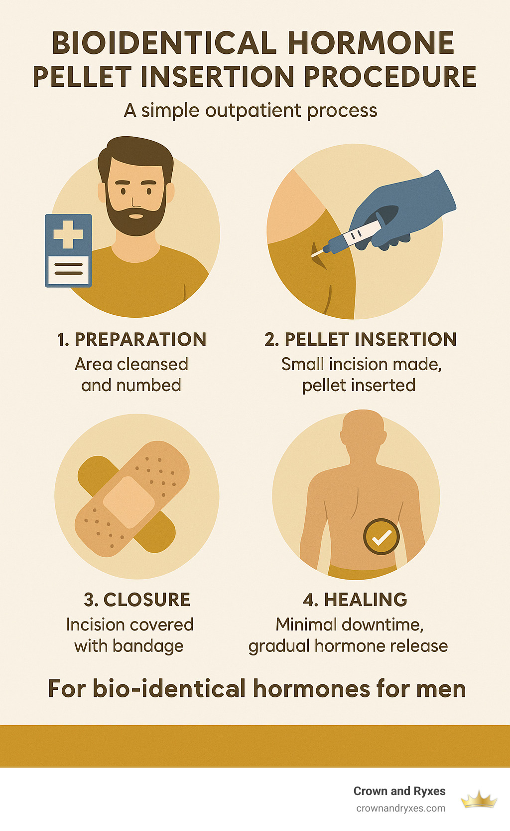 Bioidentical hormone pellet insertion procedure showing the simple outpatient process - Bio-identical hormones for men infographic 