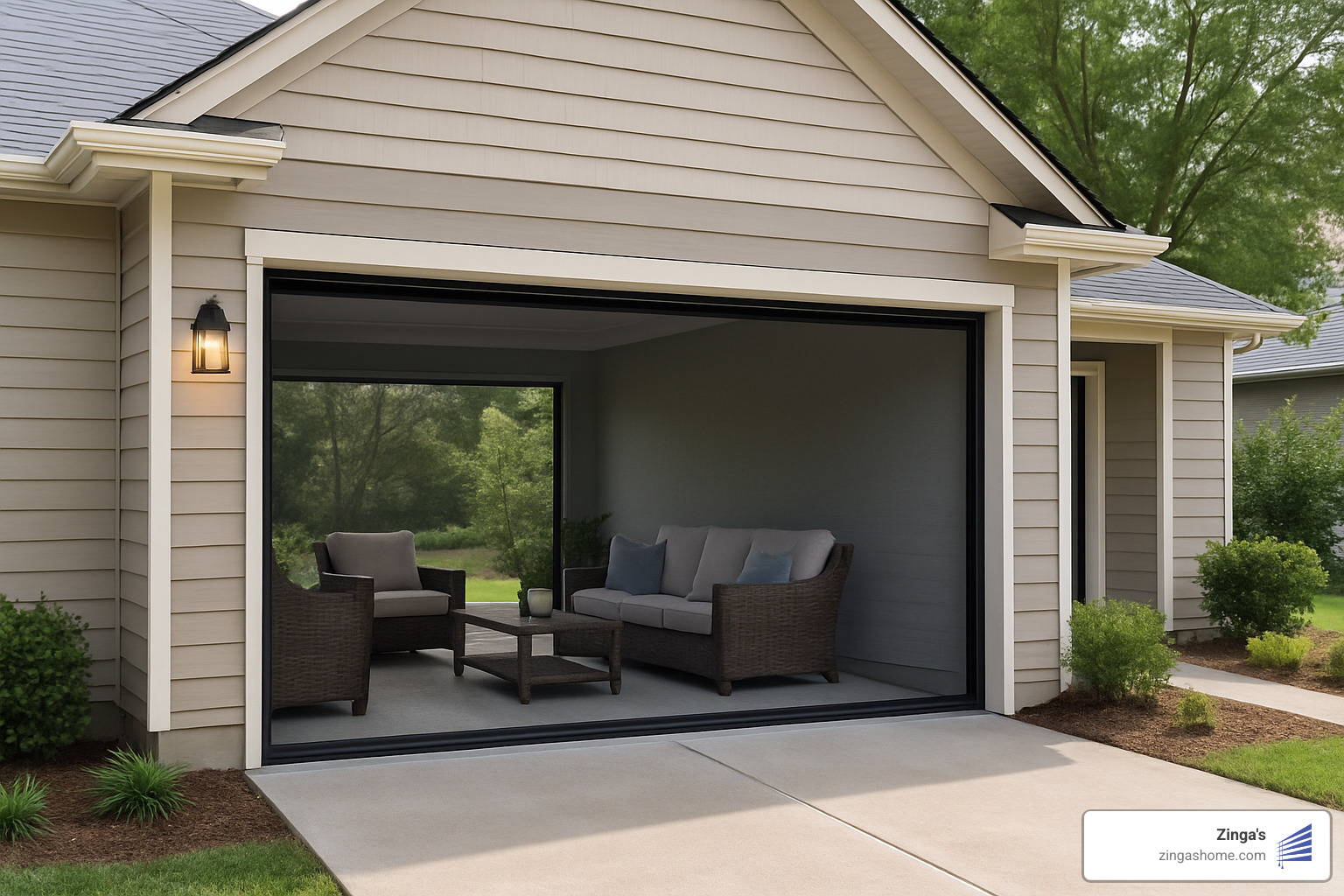 Completed motorized garage screen installation showing indoor-outdoor living - cost of motorized garage door screens