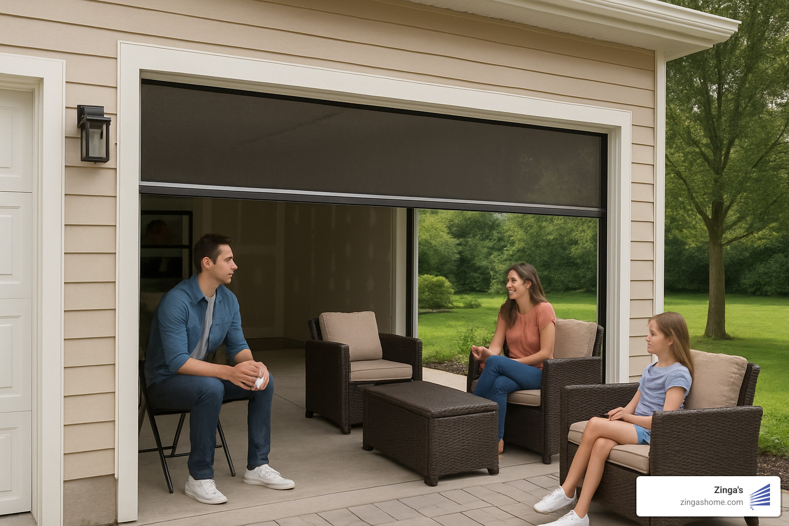 Motorized garage screen creating indoor-outdoor living space - cost of motorized garage door screens