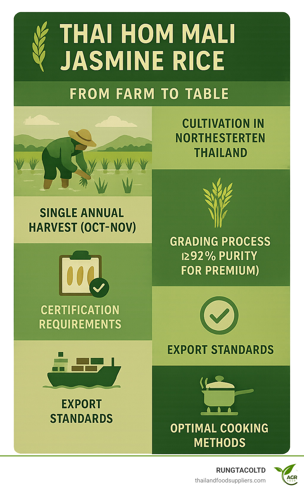 Thai Hom Mali Jasmine Rice journey from farm to table showing: cultivation in northeastern Thailand, single annual harvest (Oct-Nov), grading process (≥92% purity for premium), certification requirements, export standards, and optimal cooking methods - thai hom mali jasmine rice infographic 