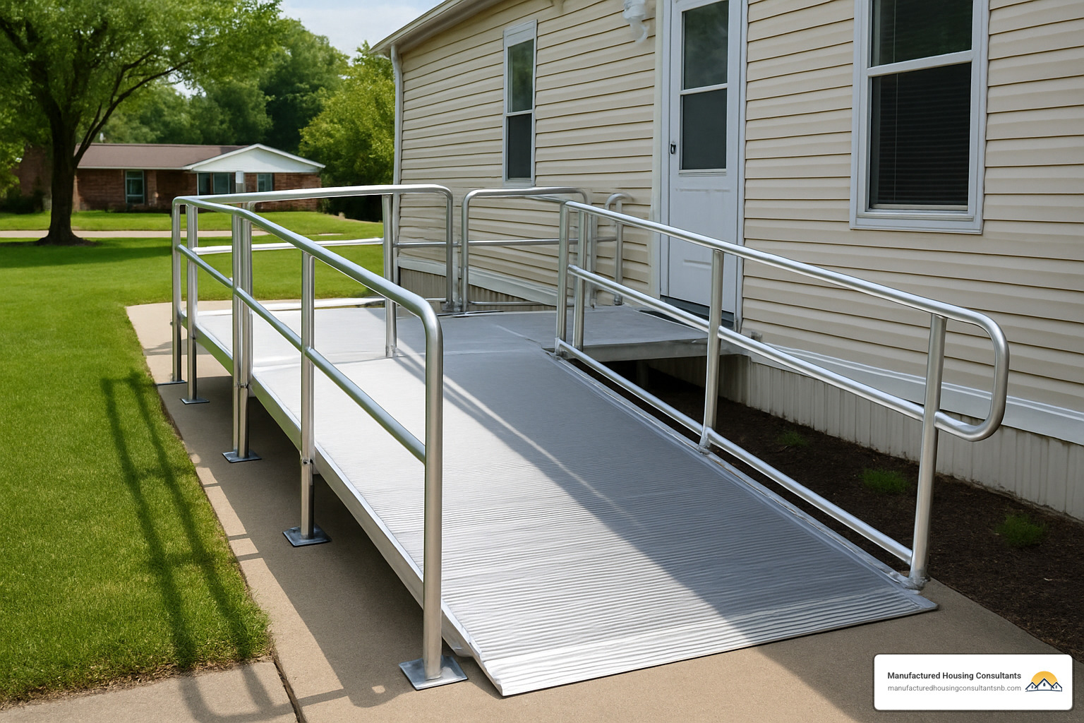 Modular ramp installation with handrails and non-slip surface - handicap accessible mobile homes