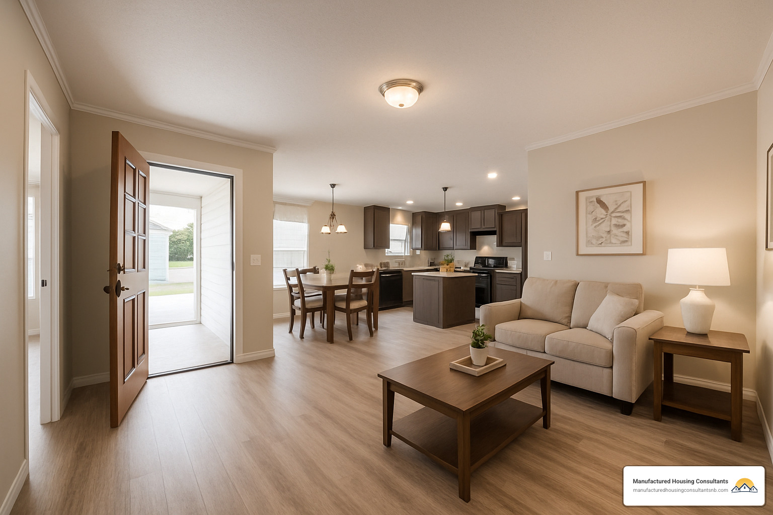 Spacious open-concept floor plan with wide doorways and zero-step entry - handicap accessible mobile homes
