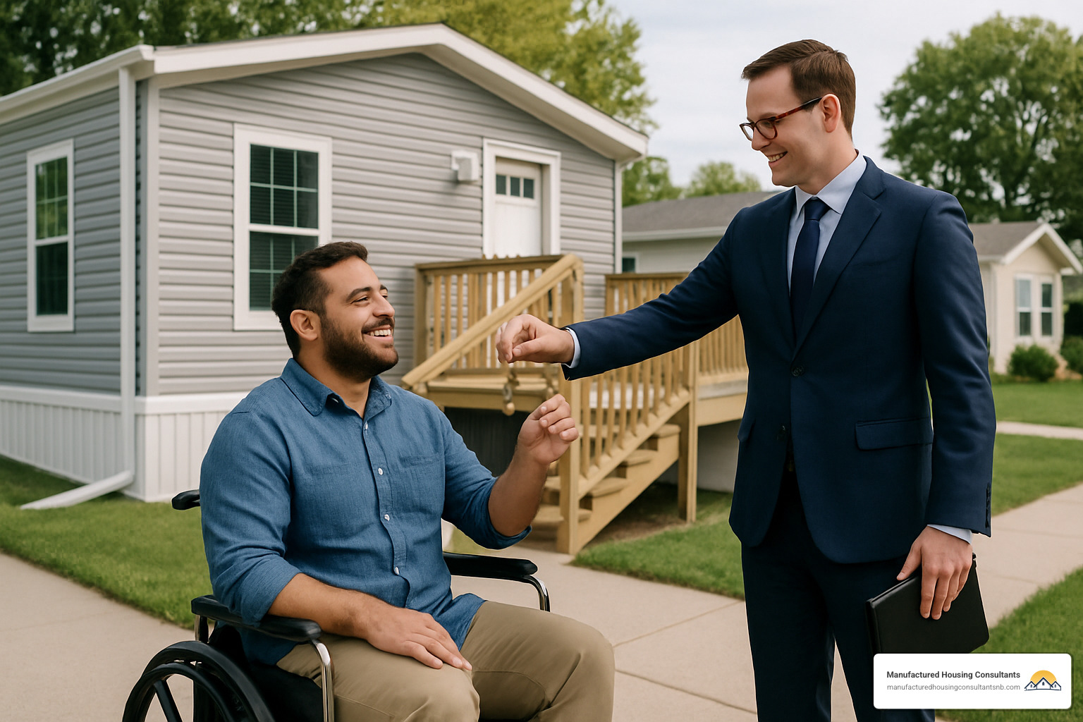 New homeowner receiving keys to accessible manufactured home - handicap accessible mobile homes
