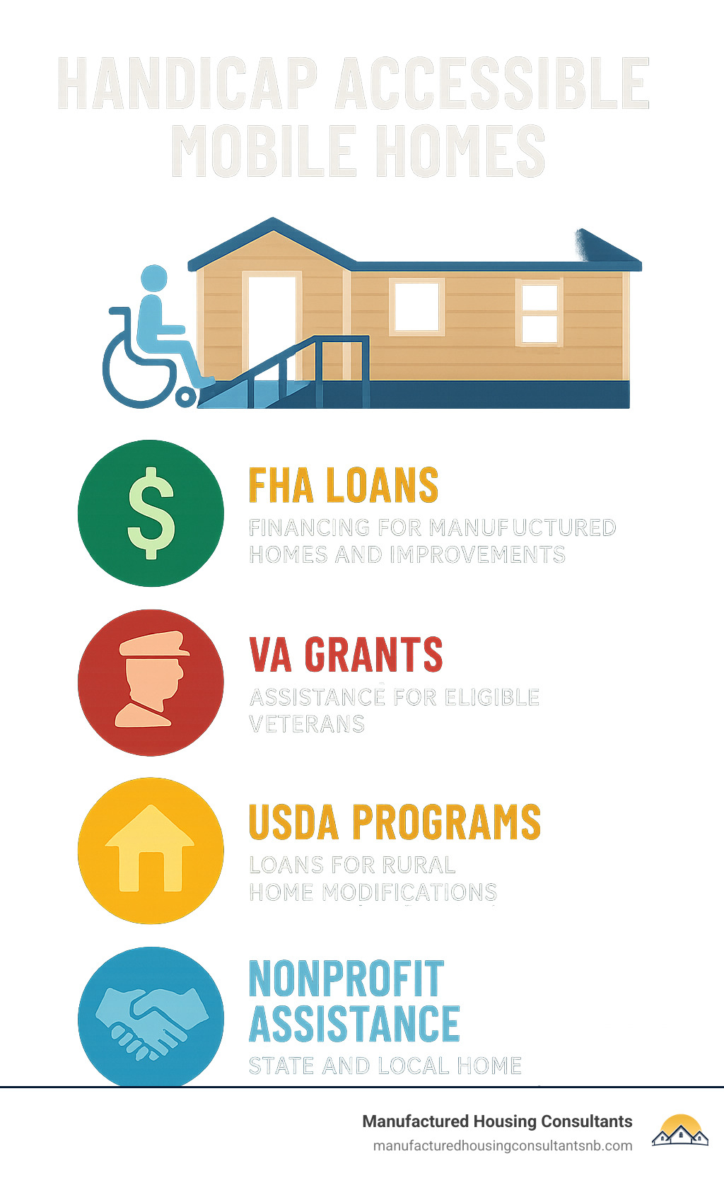 Infographic showing financing options for handicap accessible mobile homes including FHA loans, VA grants, USDA programs, and nonprofit assistance - handicap accessible mobile homes infographic 